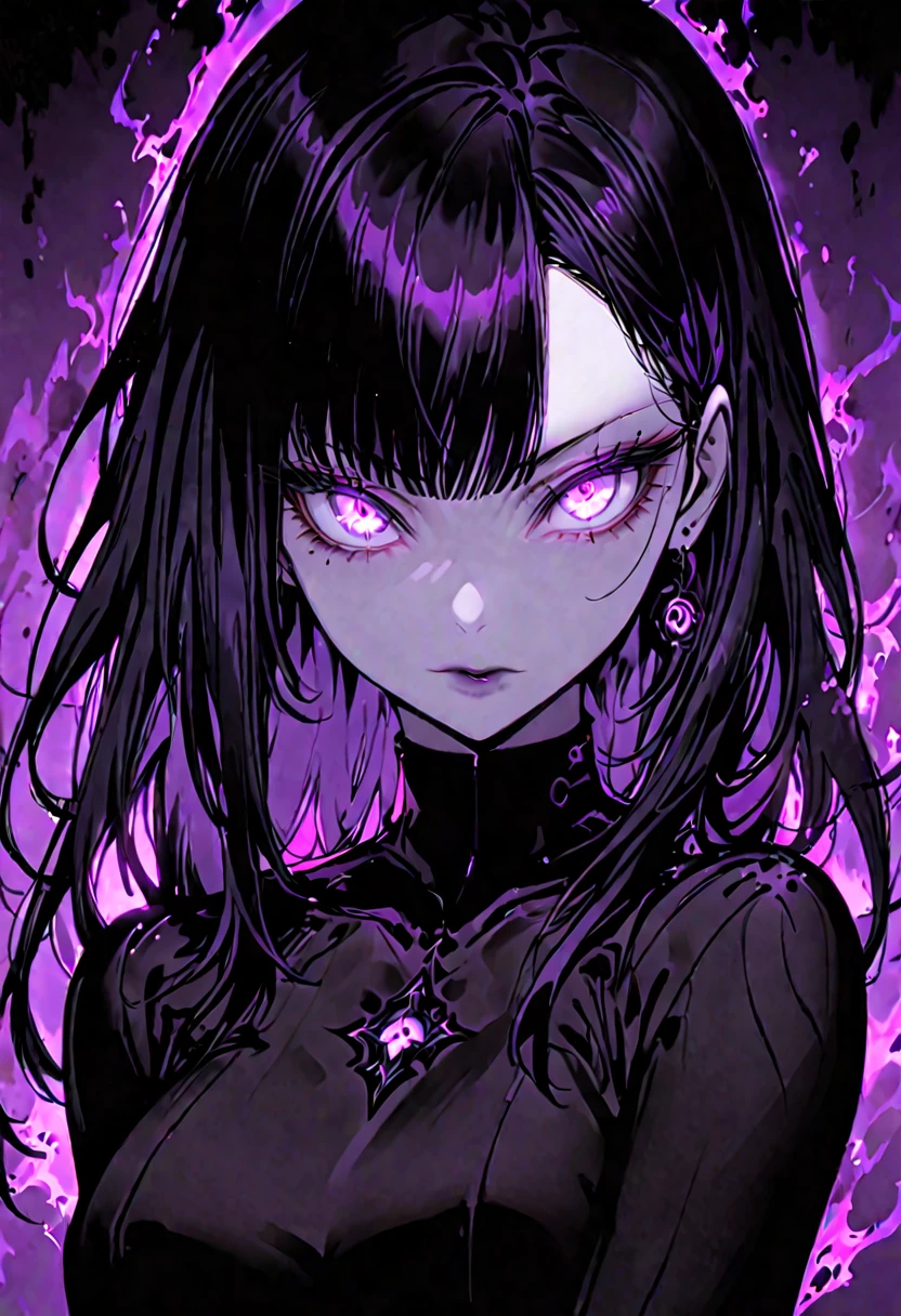 solo, female, pose, violet eyes, long straight raven hair, very pale skin, buxom, slim, confident hypnotic eyes, simple black clothes, black aura,sfw