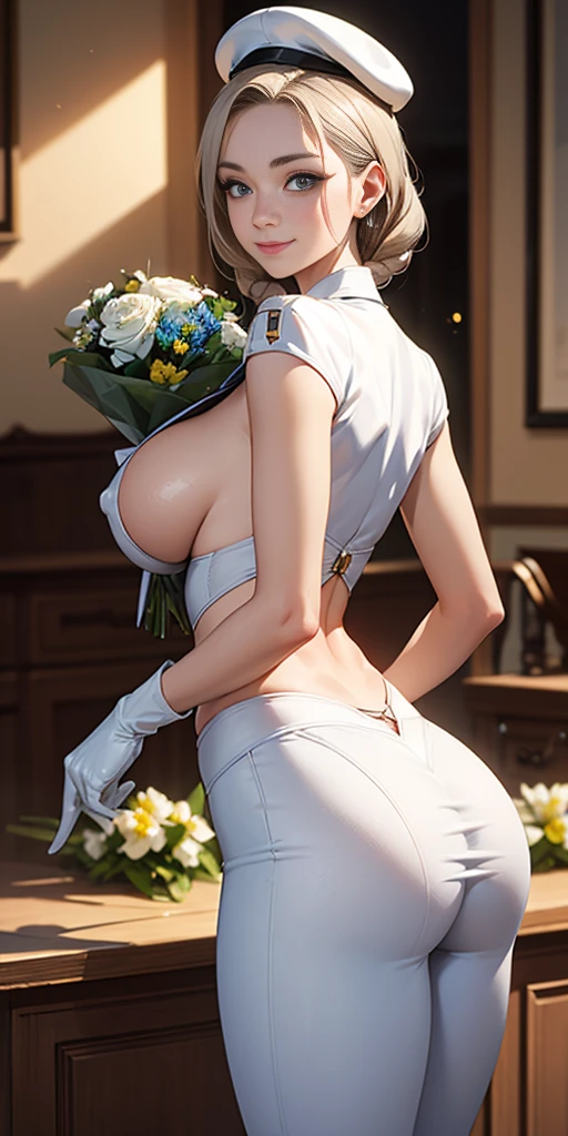 1woman Cammy White cross belt blindfold, Best image quality, 4k, masterpiece, female, short silver white hair with long braids, beautiful mature bimbo milf, light brown hair, light blue eyes, sharp eyes looking at the camera, face focus, delicate facial features, white uniform, white gloves hat, arms holding flowers (bouquet), artistic lighting, portraiture, face magnification, [elegant demeanor, dignified atmosphere and excellent posture that catches the eye + beautiful face + portrait painting effect] (large breasts:1.5) (beautiful detailed eyes) (smile:1.2) (closed mouth) sharp focus, depth of field, good composition, stockings, toned body, athletic, wide hips, thin waist, toned arms, exposed abdomen, view from behind