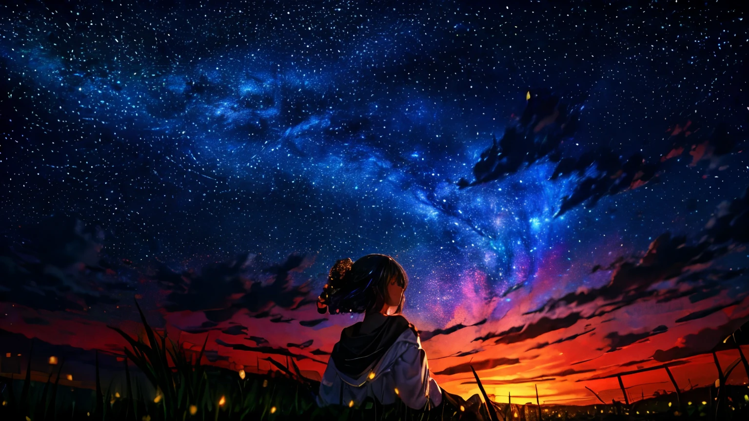 Describe the scene where a pretty girl is lying on a grassy hill.., Look up at the starry sky. Surround her with nebulae and her favorite constellations.
