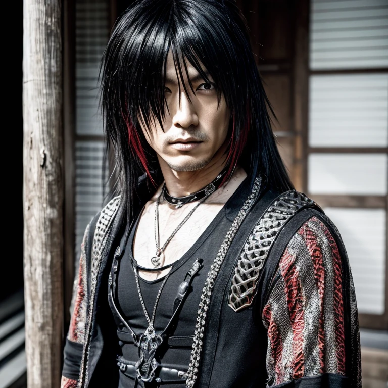 1 Japanese rocker  man, male, Asian eyes, muscular, broad shoulders, dragon, hairstyle in Visual Kei style, hair Visual Kei, outfit H.R. Giger white, ultra-detailed face and eyes, hyper-realistic, realistic representation, 30 years old, age 30 years, full body