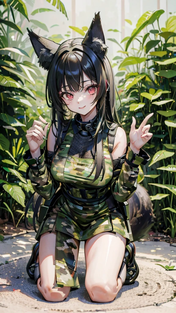 high quality, masterpiece, Ultra Detailed,，1 girl, Green camouflage tactical vest，Extremely detailed facial details, sweet smile，Red lips，Kneeling on the ground，Fox ears，Black long hair, Attractive pink eyes，Large Breasts，handcuffs，collar，Rainforest，North Africa