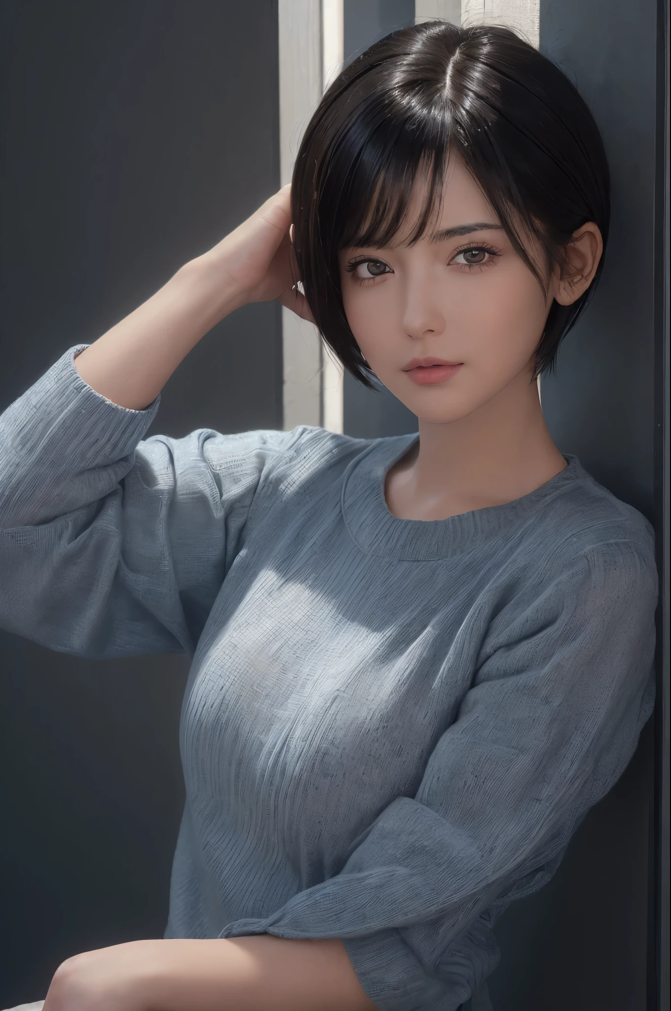 (masterpiece:1.3), (8k, Realistic, RAW Photos, highest quality: 1.4), (One girl), Beautiful Face, (Realistic Face), (Black Hair, short hair:1.3), Beautiful hairstyle, Realistic eyes, Beautiful fine details, (Realistic Skin), Beautiful Skin, (sweater), Absurd, Charm, Ultra-high resolution, Ultra-realistic, Very detailed, Golden Ratio