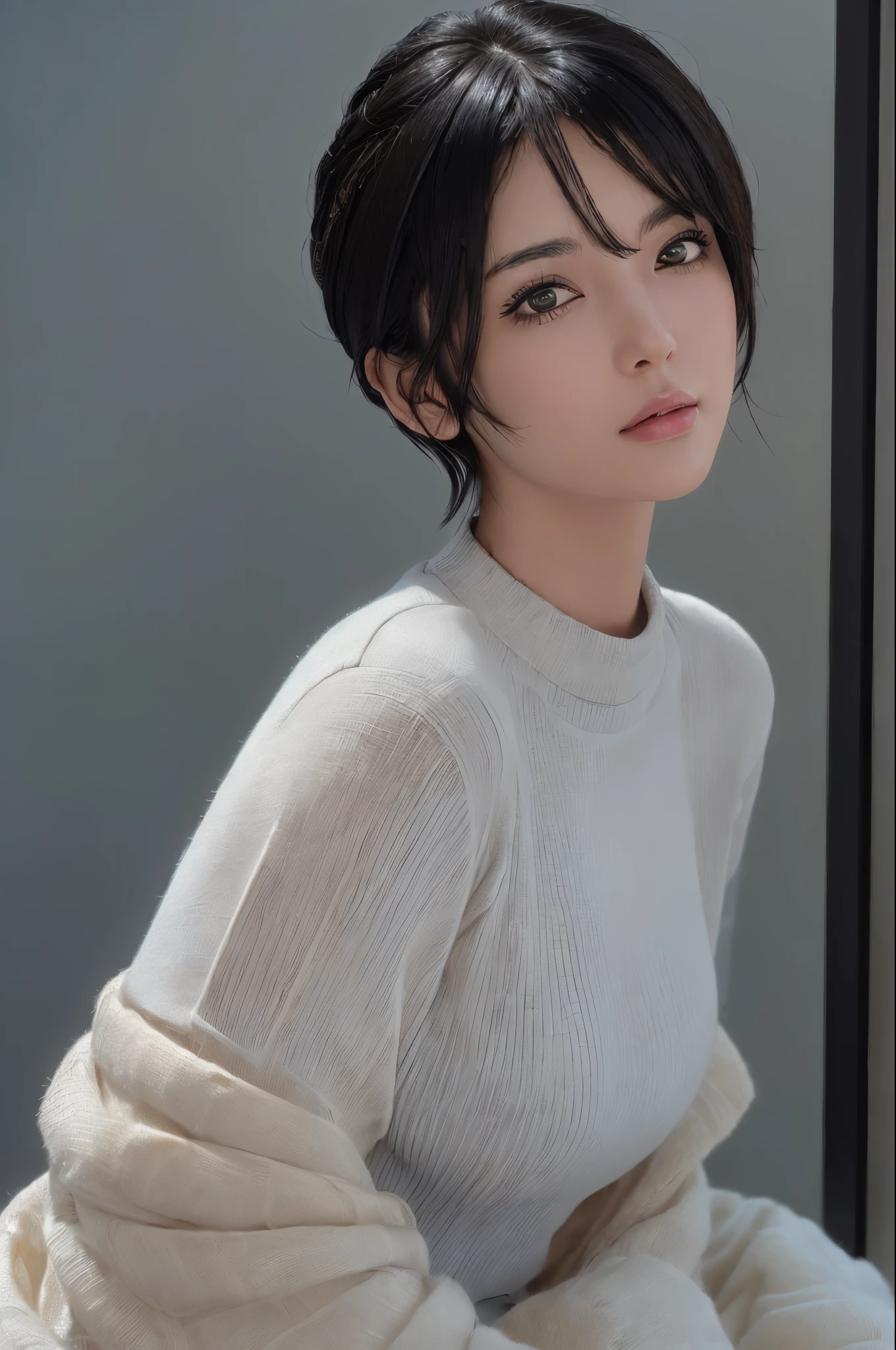 (masterpiece:1.3), (8k, Realistic, RAW Photos, highest quality: 1.4), (One girl), Beautiful Face, (Realistic Face), (Black Hair, short hair:1.3), Beautiful hairstyle, Realistic eyes, Beautiful fine details, (Realistic Skin), Beautiful Skin, (sweater), Absurd, Charm, Ultra-high resolution, Ultra-realistic, Very detailed, Golden Ratio