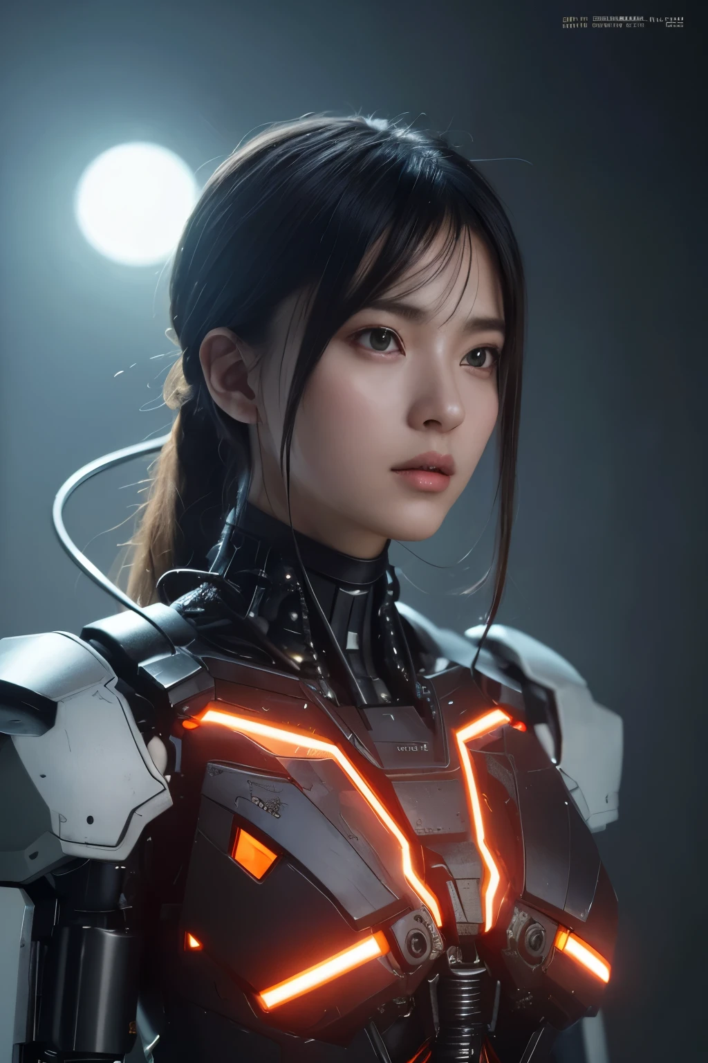 top quality, masterpiece, Ultra-high resolution, (Reality: 1.4), original photo, 1 cyberpunk girl, Black Hair, Smooth skin, 1.Mechanical Girl, (Ultra-realistic details)), whole body, Global Illumination, contrast, shadow, Octane Rendering, 8k, Extremely sharp, Cleavage exposed, Rawhide, Metal, Exquisite decorative details, Japan Details, Very intricate details, realistic light, CGSoation trends, face camera, Neon details, Mechanical limbs, Blood vessels connected to the tubes, A mechanical vertebrae attached to the back, Mechanical neck fixation device, Wires and cables to the head, Gundam, Small LED lights.