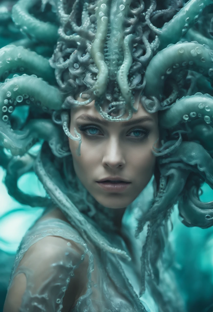 cinematic photo of a pale girl with aqua octopus tentacles in her head, beautiful octopus woman, perfect cute face, female face with square shape, portrait of an octopus goddess, beautiful futuristic tentacles style, medusa's long flowing tentacles, portrait of age medusa, green eyes, golden laurel wreath, some tentacles are touching her , octopus goddess, tentacles growing from her face, covered in tentacles, young as jellyfish, beautiful female gorgon,(Close portrait:1.3),(feminine:1.4),(beautiful:1.4),(attractive:1.3), perfectly detailed eyes,studio lighting,themed background. 35mm photography, film, Bokeh, professional, 4K, Highly detailed