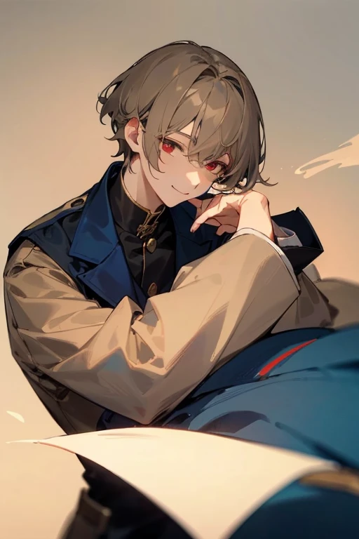 Beautiful boy、male、Calmness、A face that feels young、Adult atmosphere、shirt、Navy blue coat、rough、smile、Beige hair、Short Hair、Long side hair、Red Eyes、philosophical、quiet、writer、dim、Faintly eerie