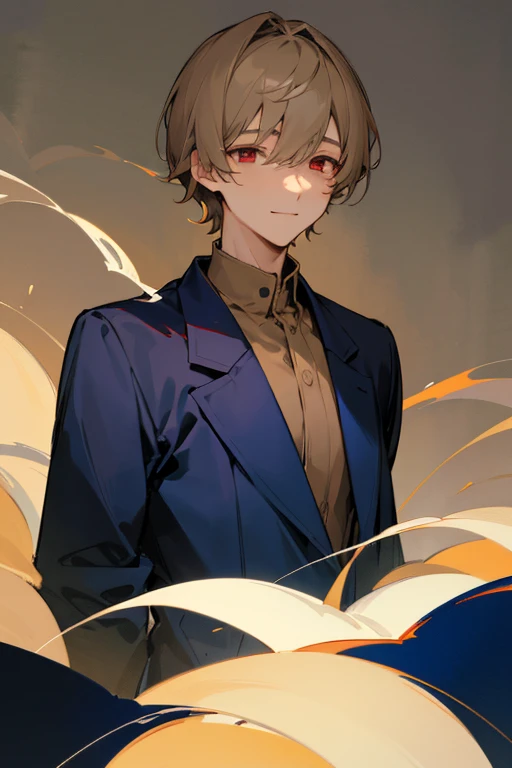 Beautiful boy、male、Calmness、A face that feels young、Adult atmosphere、shirt、Navy blue coat、rough、smile、Beige hair、Short Hair、Long side hair、Red Eyes、philosophical、quiet、writer、dim、Faintly eerie