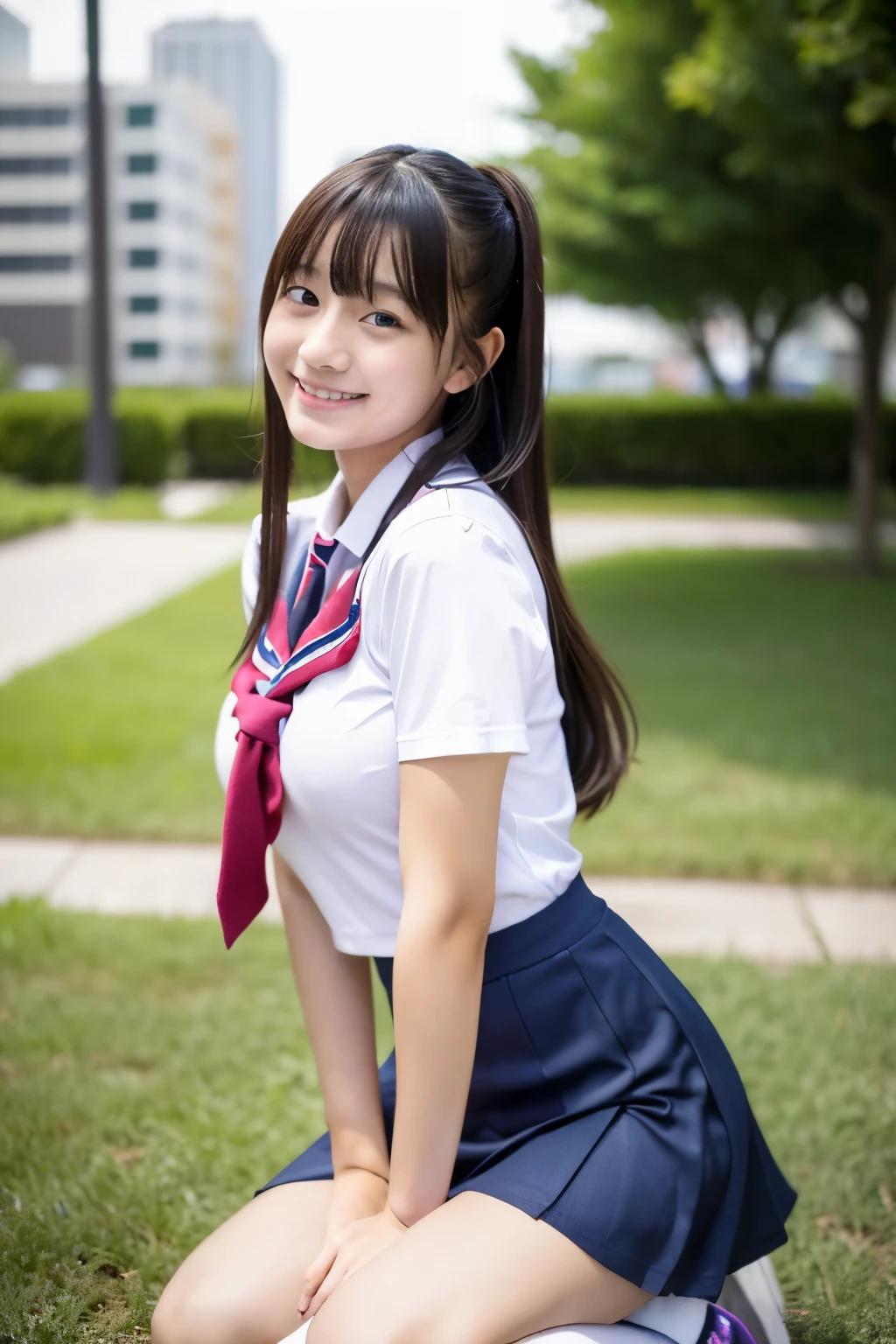 A 16-year-old high school student as cute as an idol、高校の制服はCleavageが見えるデザイン、Cleavage、mini skirt、Crouching、With legs apart、I can see your pants、Young cute face、Smiling Kindly、whole body、RAW Photos、Genuine、Real、realism、Raw photo、High resolution、Life、No copyright notice