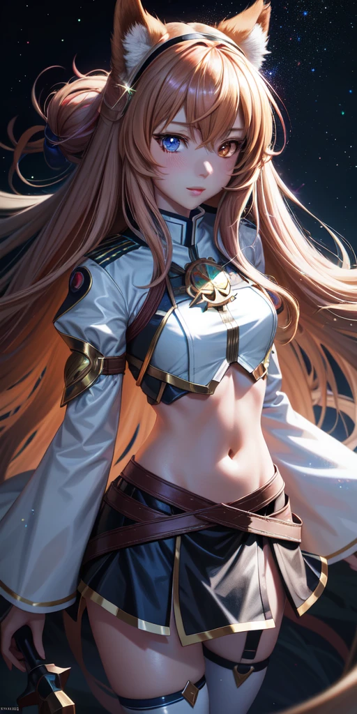 realistic, 1girl, Raphtalia ,anime The Resing of Them Shield Hero,holographic hair, heterochromic eyes, bright eyes, holo crop top, holo skirt, split lips, blush, night, white roses, pastels, glitter