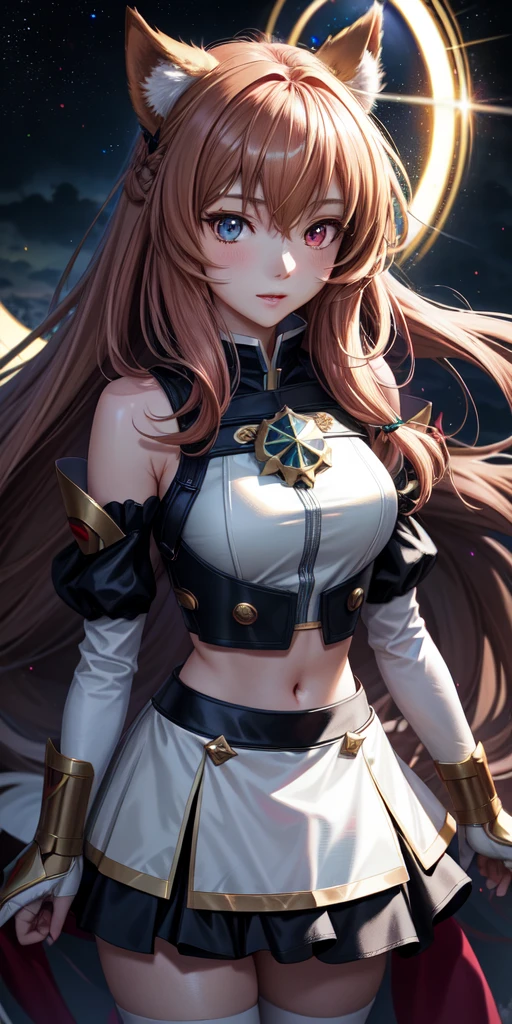 realistic, 1girl, Raphtalia ,anime The Resing of Them Shield Hero,holographic hair, heterochromic eyes, bright eyes, holo crop top, holo skirt, split lips, blush, night, white roses, pastels, glitter
