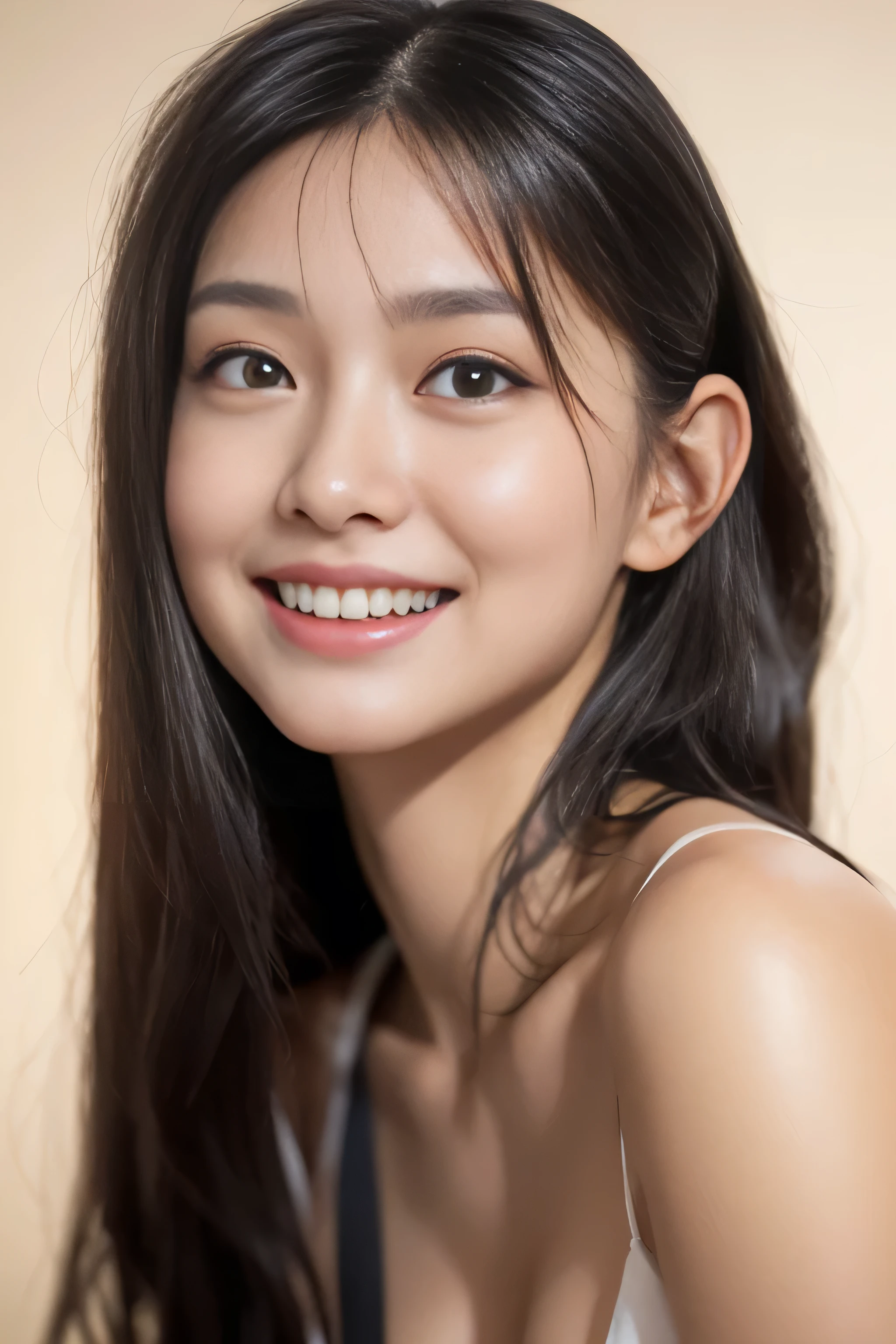 (a detailed full-body RAW photo of a girl), ((masutepiece, of the highest quality, High Definition)), 1 girl, (Photorealistic: 1.4), Solo, White background, with a pure white background, Mouth closed, Happy smile, Happy smile, pretty black hair,(Black silky long straight hair, long hair flowing over the shoulders:1.3), Big eyes, clear double eyelids, Eyelashes, Ears out, long neck, long neck, Absolute area, ((Face Close-up)), (Draw all the heads, shoulders), 19 years old, Attractive proportions, Shiny skin, Clean collarbone, Golden Ratio Face, Perfect face, tear moles, Mole on chest, Beautiful bangs, Lip gloss, thin lips, Fair skin, Naked, Big breasts, a small face, a small face, All heads are painted, The shoulders are all drawn, Staring at the camera slightly above??8K, Raw photo, top-quality, hight resolution: 1.1, A hyper-realistic: 1.4, realisitic, The ultra-detailliert, Photorealistic: 1.3, absurderes, masutepiece, ulzzang -6500-v1.1:0.33, Beautiful_mistake-6500:0.66, pureerosface_v1:0.33, Raw foto: 1.2, Open mouth, Soft light, cinematric light, Film grain, full body Esbian, depth of fields,, blured background, eyes focus, POV, 20 years old, 85mm lens, F/1.4, Professional Lighting, portrait of the, photon maping, Radio City, physically-based renderingt(physically-based renderingt(physically-based renderingt(physically-based renderingt(physically-based renderingt(Physically Based Rendering))))), Transparency, Japan girls, sexual excitement: 1.5, Realistic face, Realistic body, Realistic skin, clean: 1.5, Big breasts: 1.3, Teardrops, Watery eyes, Raised eyebrows, Good Style, Camel toes, Smile, A charming smile, Detailed brown hair, (very messy hair:1.5),