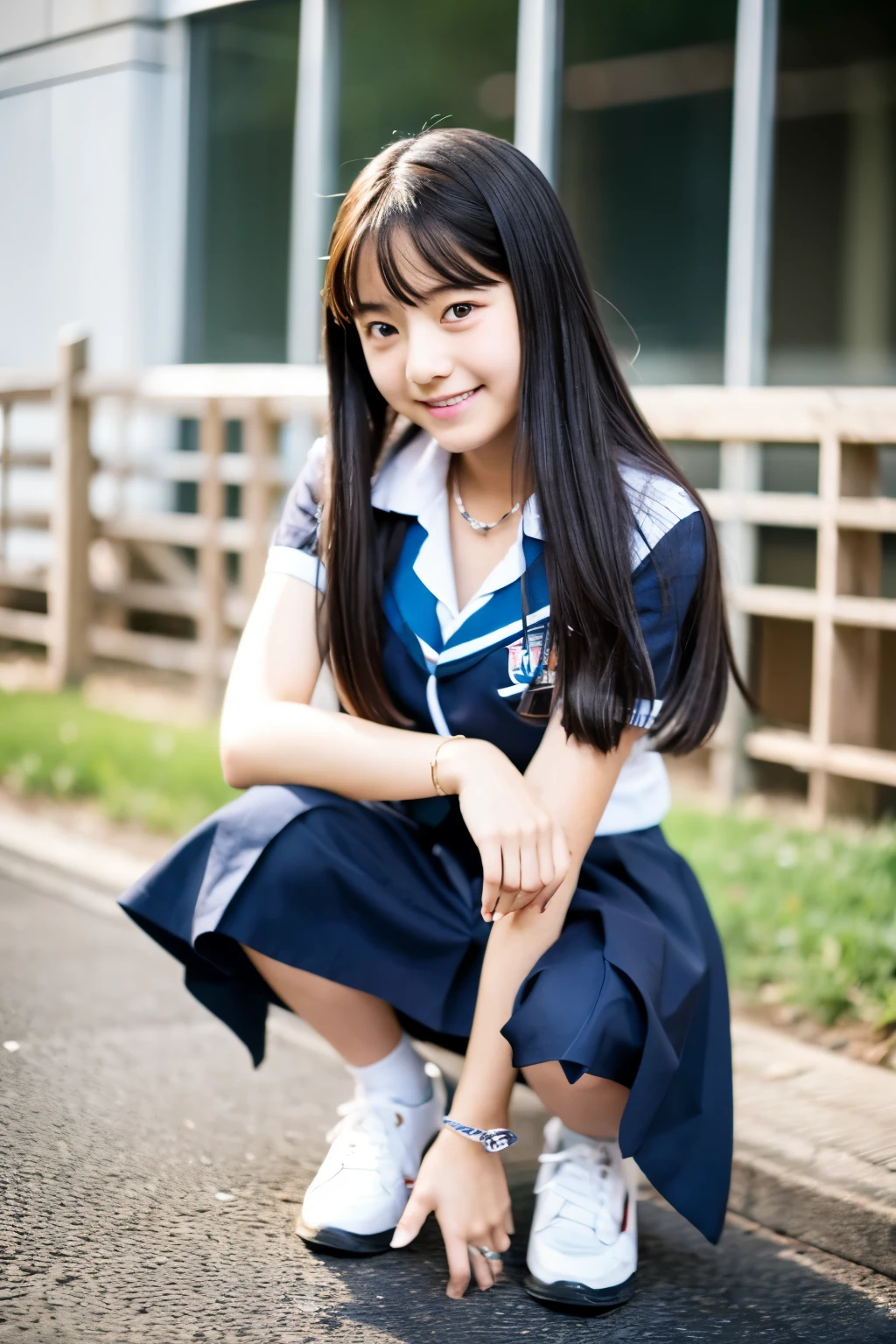 A 16-year-old high school student as cute as an idol、高校の制服はCleavageが見えるデザイン、Cleavage、mini skirt、Crouching、With legs apart、I can see your pants、Young cute face、Smiling Kindly、whole body、RAW Photos、Genuine、Real、realism、Raw photo、High resolution、Life、No copyright notice