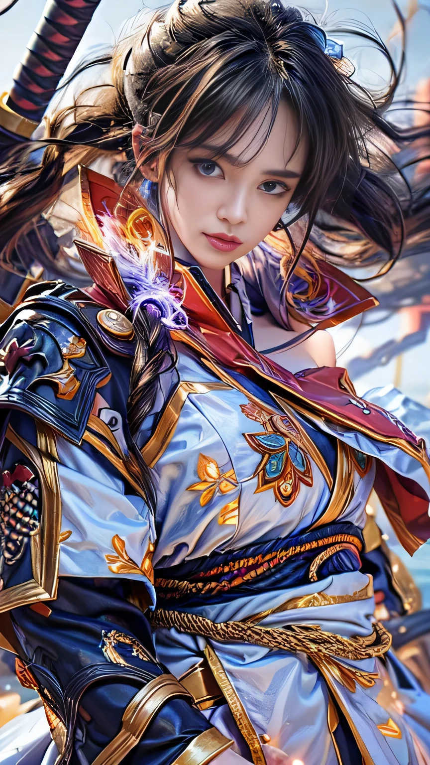 (RAW shooting, Photoreal:1.5, 8k, highest quality, masterpiece, ultra high resolution), Sengoku, Fire, Wars flaring up everywhere:1.3, perfect dynamic composition:1.2, Highly detailed skin and facial textures:1.2, Slim female samurai with a sharp katana sword:1.3, Fight:1.2, beautiful and aesthetic, cute and sexy beauty, perfect style:1.2, wear elaborate rings, fire, water, Wind, thunder, ice, Fair skin, very beautiful face, (Medium chest, Chest gap), (embarrassing smile, The expression on your face when you feel intense caress, Facial expression when feeling pleasure), (Wearing a sexy Sengoku uniform:1.1, off shoulder), (beautiful blue eyes, Eyes that feel beautiful eros:0.8), (Too erotic:0.9, Bewitching:0.9), full body shot