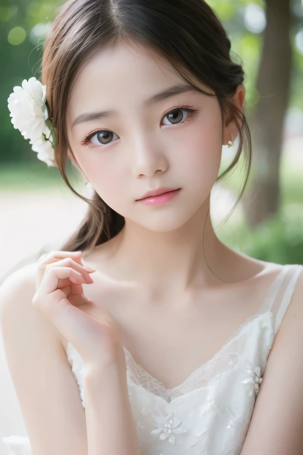 ((highest quality)), ((Photo quality)), (detailed), Perfect Face,White skin,11 years old,White dress,delicate,