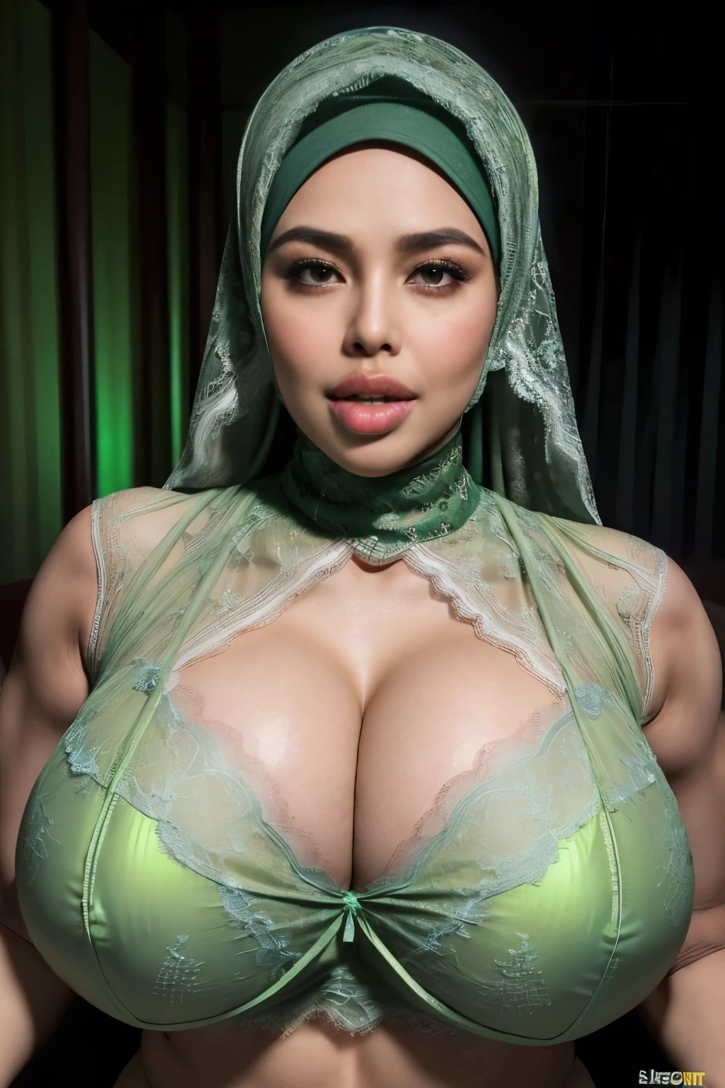 ((thick lips:1.7)), ((SHORT HIJAB)), ((Gigantic tits:1.7)), (dynamic photograph of a 58 year old Indonesian woman), (slim top, cotton panties), (straight non curly hair), (highly detailed face:1.4), (vascular muscles and abs:1.3), (background inside light, bright, private gym:1.1), (8k, uhd, dslr, high quality, cinematic lighting, bokeh), (dramatic, award winning photography, incredible masterpiece:1.3), (((sexy sultry stare at camera:0.8))), ((she is ready to dominate you:0.5)), ((beautiful feminine face)), add_detail:1, (((wearing GREEN LACE fluorescence sleeping lingerie))), very huge tits naked