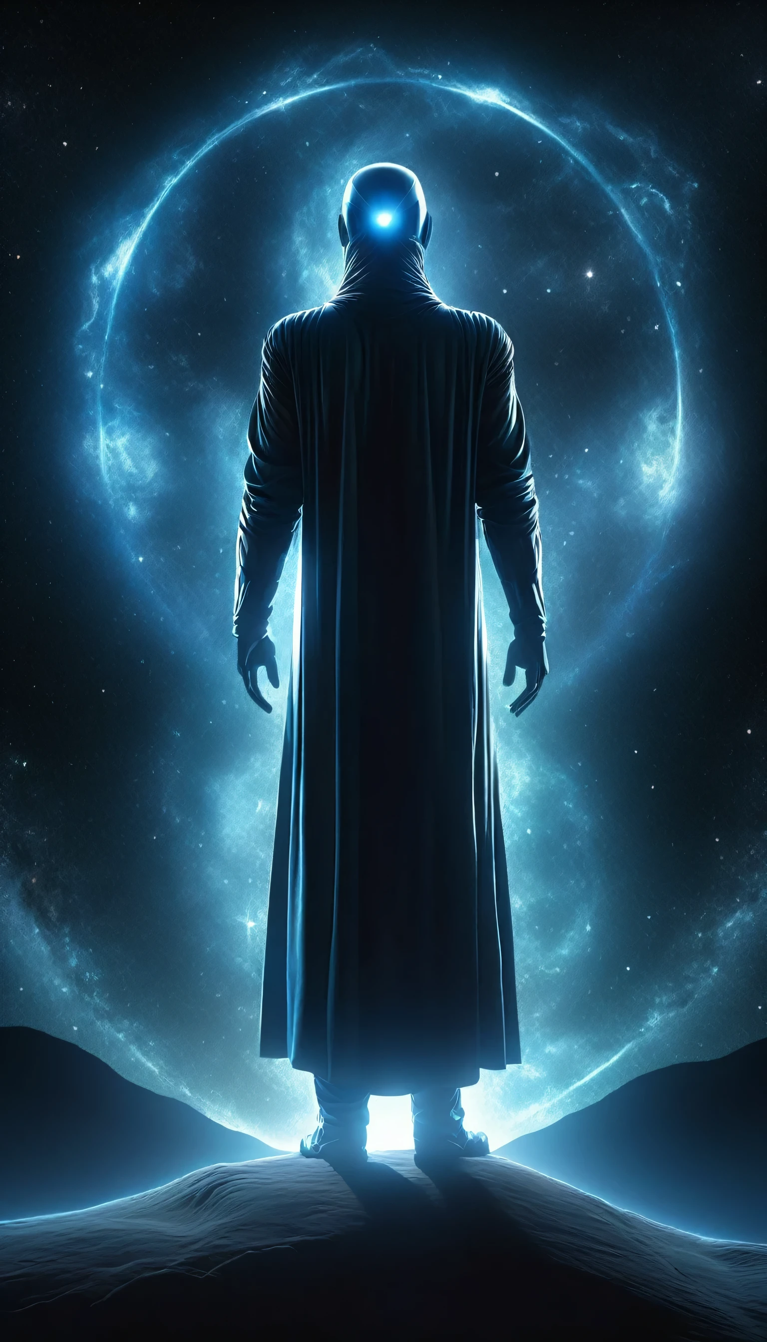 DonMM1y4XL Man, DonMN1gh7XL Night, Visible flickering energy field of a man skilled in power magic, Transparent vibration shield, Distort the air around, Have a strong repulsive or attractive force, Often accompanied by a low, resonant hum, nebula, dune,