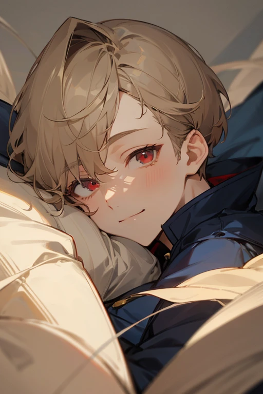 Beautiful boy、male、Calmness、A face that feels young、Adult atmosphere、shirt、Navy blue coat、rough、smile、Beige hair、Short Hair、Long side hair、Red Eyes、philosophical、quiet、writer、dim、Faintly eerie