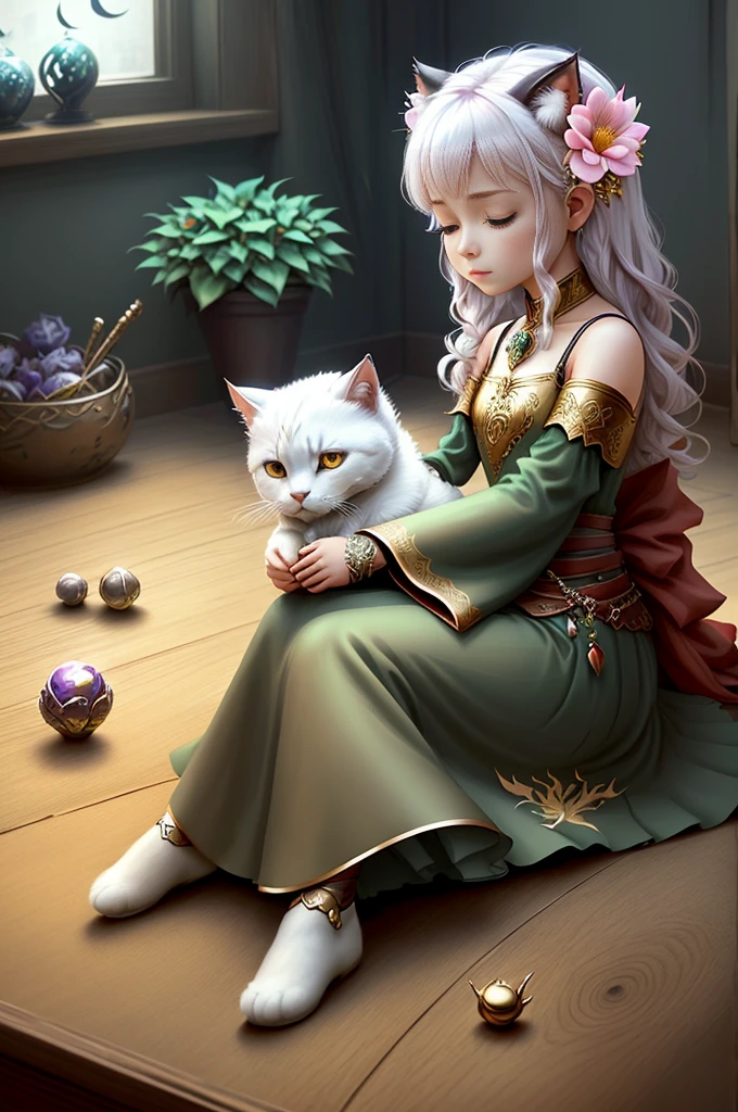 Faris Style, alone, hair ornaments, close your eyes, flower, wing, horn, Cat, white Cat, Dragon-Cat, hair flower, No humans, gem, Dragon, scale, eastern Dragon, Movie angle, Cinema Lighting, Shorthand, Depth of written boundary, Detailed Background, masterpiece, highest quality , Official Art ,