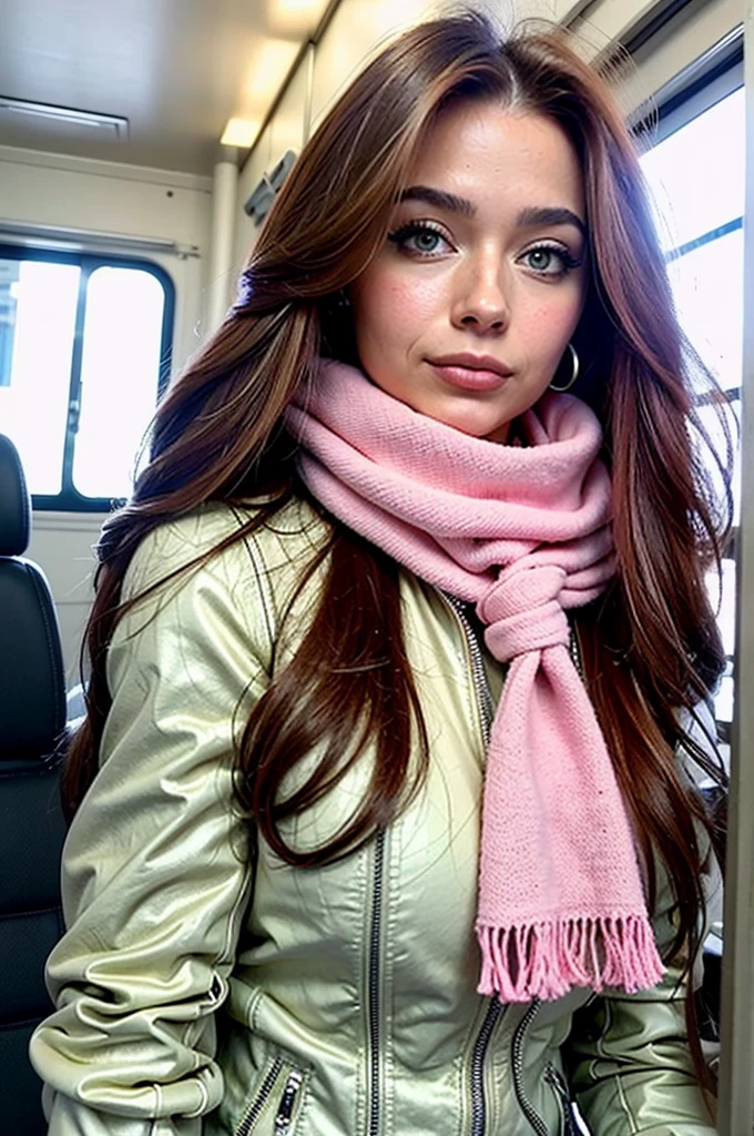 Photorealistic, best quality, hyper detailed, selfie photo, upper body. Gorgeous, pretty, warm-hearted, kind-hearted, good-hearted, stunning, cheerful, sweet, polite, sensitive, sensible, shiny, charming, alluring, dreamy, graceful, classy, stylish, flowing extra long ginger haired russian woman with the cutest face, fair porcelain skin, soft make-up, red lipstick, she is wearing a leather jacket, skinny trousers, riding boots and pink scarf. She's a tripping by train.