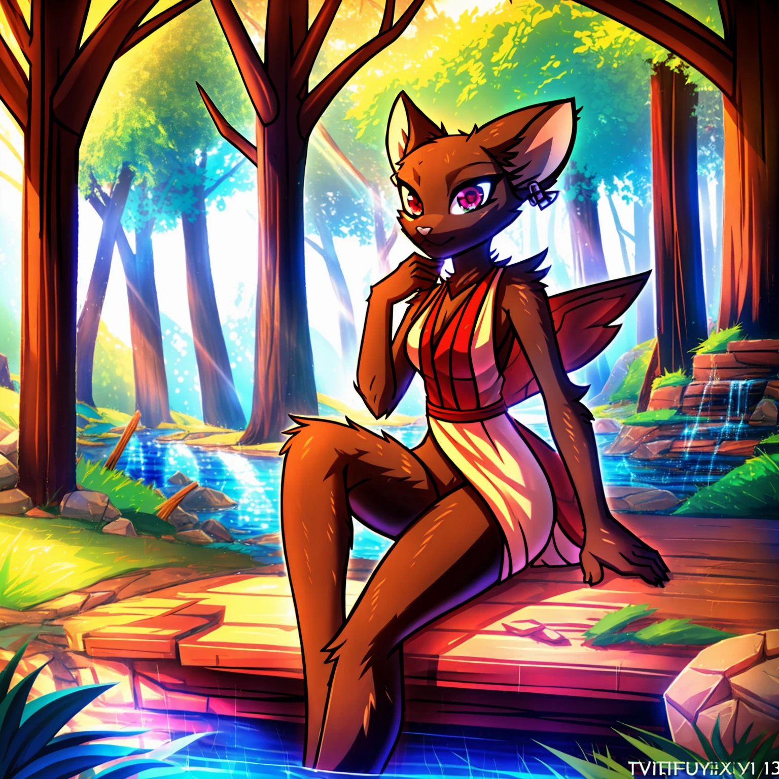 By zinfyuu on pixiv,by twistedscarlet60, uploaded on pixiv, by fluff-kevlar, (masterpiece), (best quality), (anthro furry:1.3, snout:1.2, anthro:1.3, furry:1.2, solo female:1.2), (extremely detailed:1.3), (red_detailed_eye), wearing white dress, sfw, forest, sitting, lake, nature beauty, view on viewer, camillerat