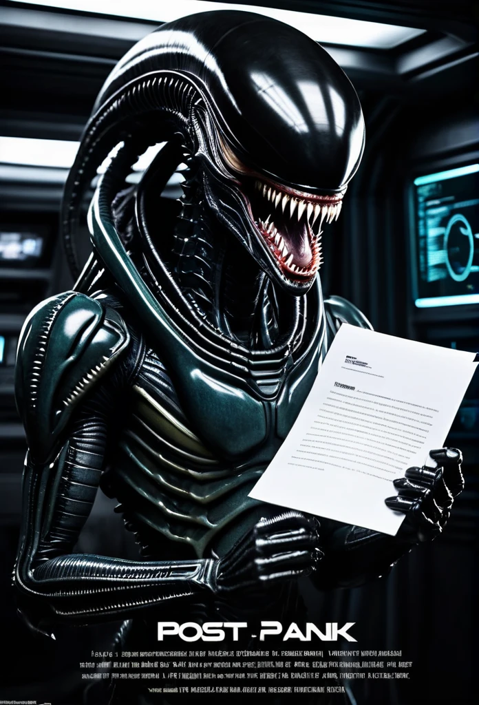A grinning Xenomorph with sharp teeth and fangs stands in a portrait pose holding a paper with text '@postapanddark where are you?', masterpiece professional movie still photography, ultra sharp focus, dark and moody style with a spaceship interior background featuring futuristic control panels