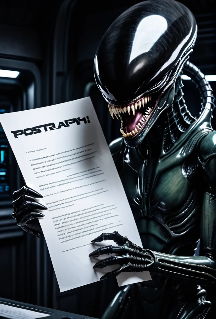A grinning Xenomorph with sharp teeth and fangs stands in a portrait pose holding a paper with text '@postapanddark where are you?', masterpiece professional movie still photography, ultra sharp focus, dark and moody style with a spaceship interior background featuring futuristic control panels