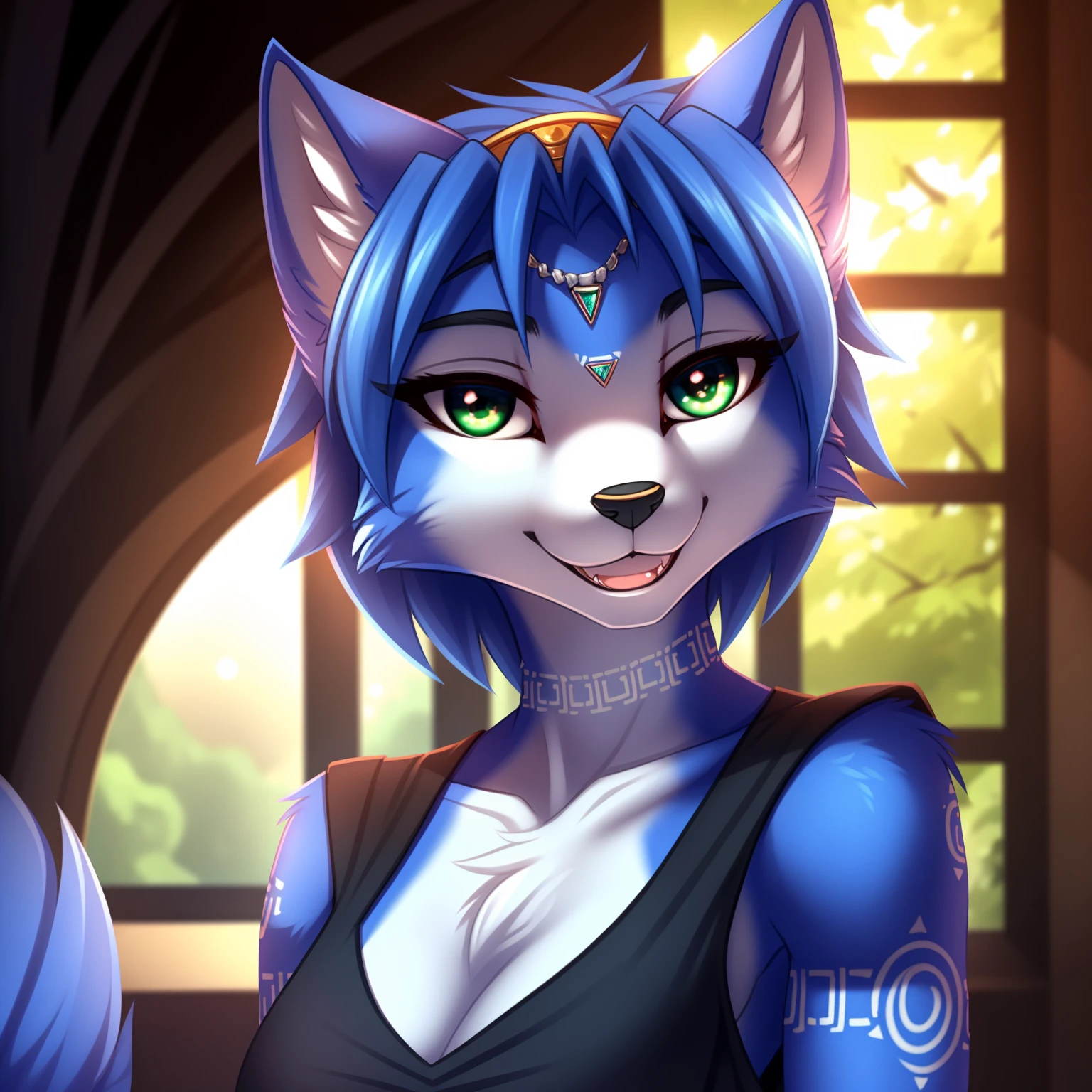 By zinfyuu on pixiv,by twistedscarlet60, uploaded on pixiv, by fluff-kevlar, (masterpiece), (best quality), (anthro furry:1.3, snout:1.2, anthro:1.3, furry:1.2, solo female:1.2), (extremely detailed:1.3), (Detailed eye part: White lens, greem iris,black cornea), tall, slim body, sweet smile, wear Black tshirt and long skirt, krystal