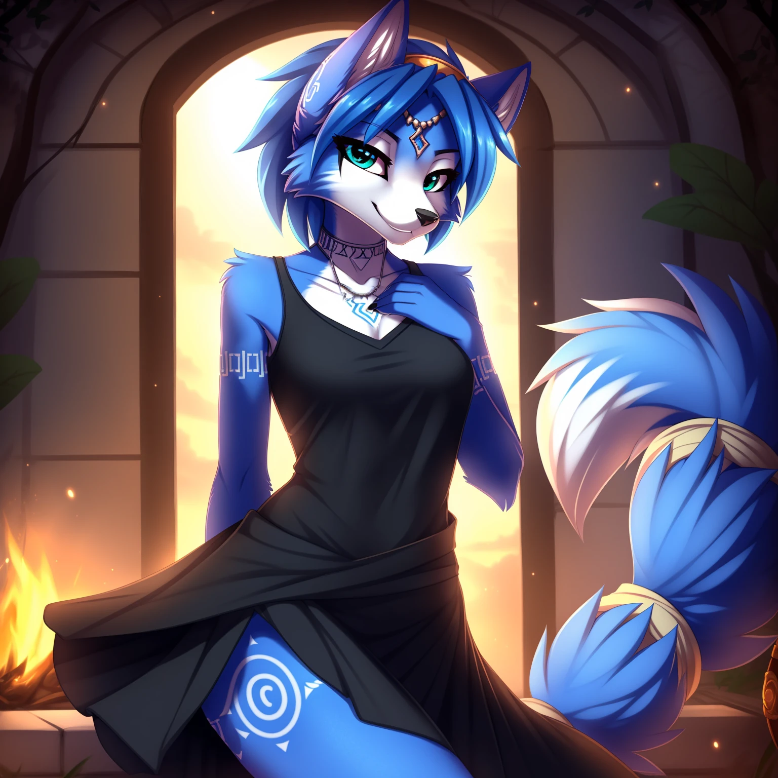 By zinfyuu on pixiv,by twistedscarlet60, uploaded on pixiv, by fluff-kevlar, (masterpiece), (best quality), (anthro furry:1.3, snout:1.2, anthro:1.3, furry:1.2, solo female:1.2), (extremely detailed:1.3), (Detailed eye part: White lens, greem iris,black cornea), tall, slim body, sweet smile, wear Black tshirt and long skirt, krystal