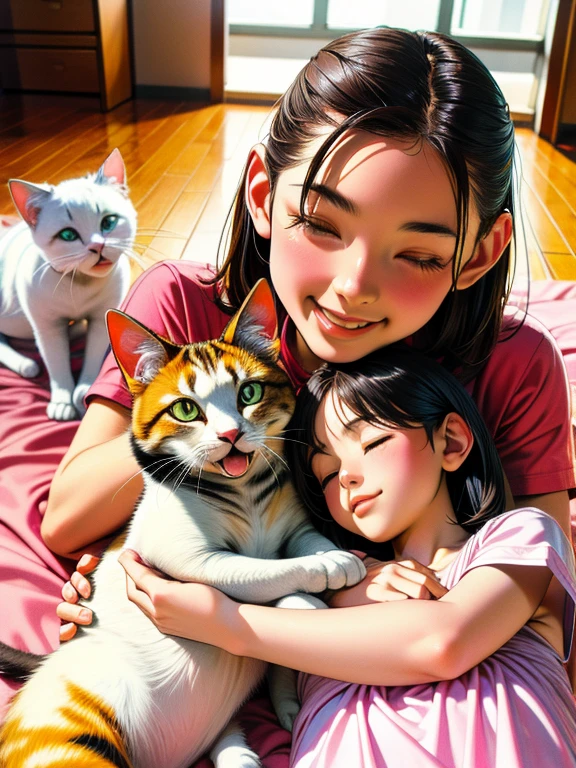 (best quality,ultra-detailed,highres,masterpiece:1.2),a girl sleeping next to a cat,girls oh so happy and excited,playful cats relaxing on the ground,a beautiful white cat,a mischievous black cat,a cute calico cat,a lovely tabby cat,a majestic tortoiseshell cat,girls interrupting cats' afternoon nap,girls playfully poking and prodding the cat's body,giggling girls caressing the cats,the girls filled with joy,faces beaming with delight,salivating with anticipation,a vivid scene of interactions between numerous cats and girls