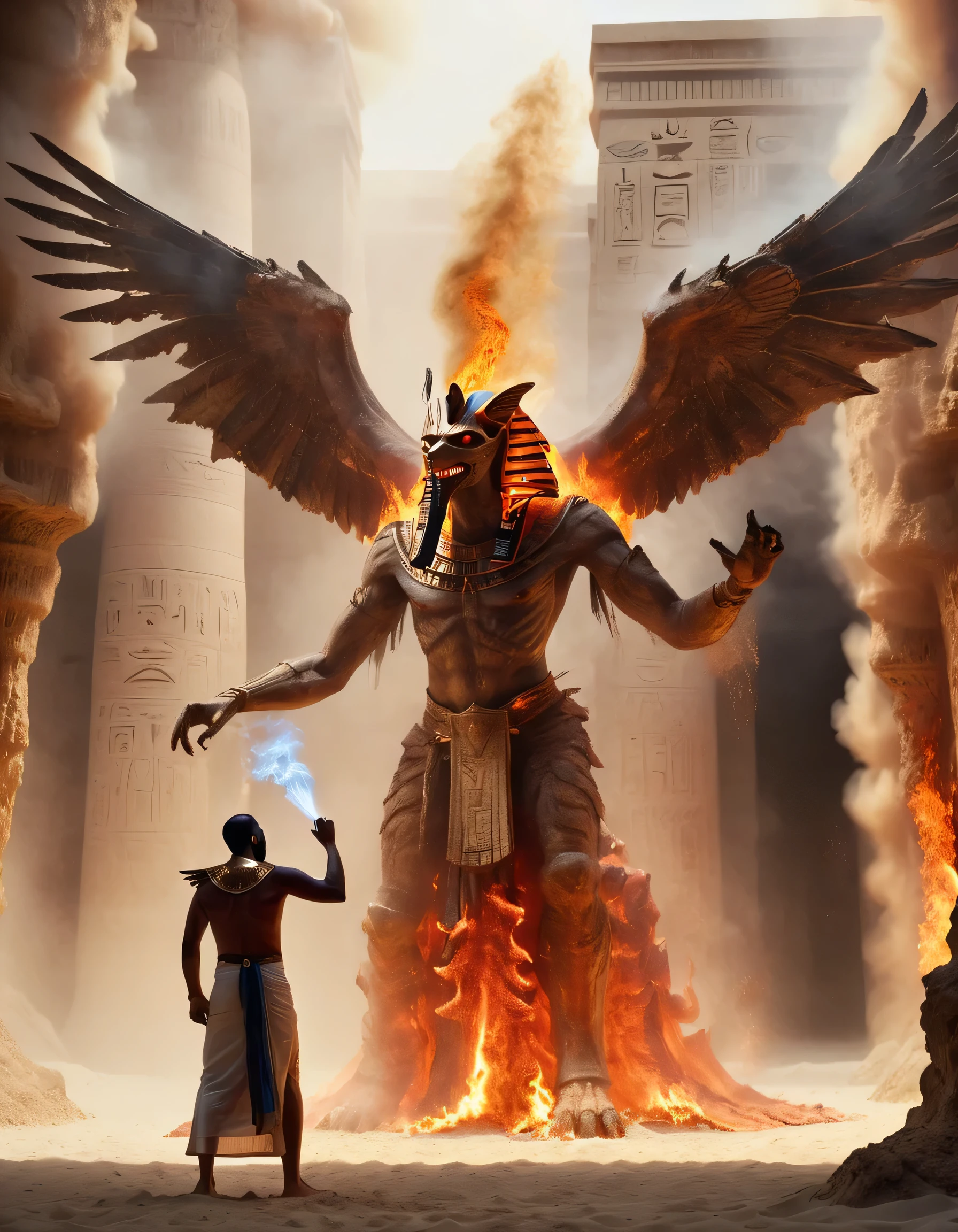 A photo of a (towering winged beast engulfed in flames:1.3), confronting a egyptian wizard channeling a spell, sand cave setting, (intense magical duel:1.2), smoke and ash filling the air, dramatic backlit figures, dynamic interplay of light and shadow, high-resolution, Nikon D6, 1/500s, f/5.6, ISO 400, powerful narrative, RAW photography, professional grade,egyptpunk