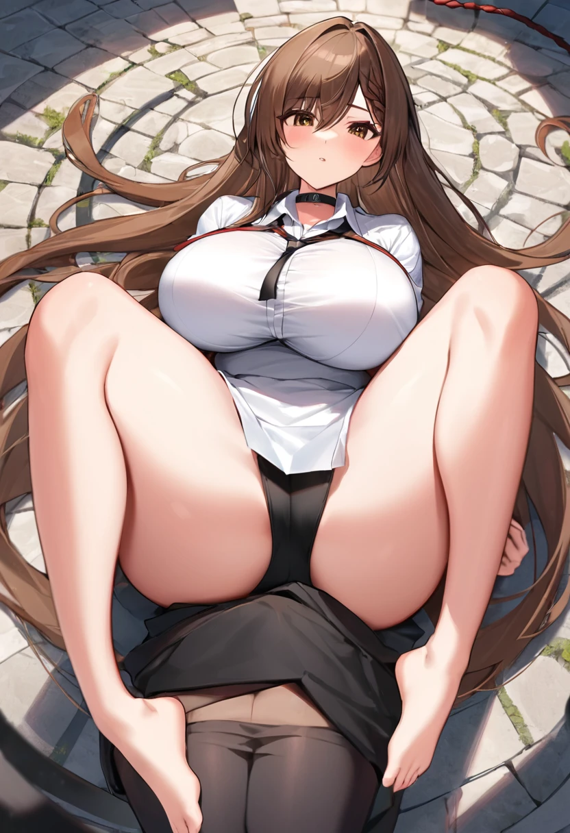 Italian girl, 25 years old, very long brown hair, super gigantic breasts, thin, wearing a completely tattered white shirt, which her breasts struggle to contain and a black pleated miniskirt, black bra, she is lying on a stone of a megalithic circle, she has his arms and legs spread apart and tied with ropes, he has a slave collar, seen from above