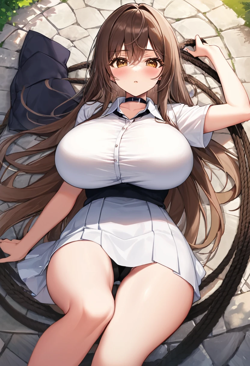 Italian girl, 25 years old, very long brown hair, super gigantic breasts, thin, wearing a completely tattered white shirt, which her breasts struggle to contain and a black pleated miniskirt, black bra, she is lying on a stone of a megalithic circle, she has his arms and legs spread apart and tied with ropes, he has a slave collar, seen from above