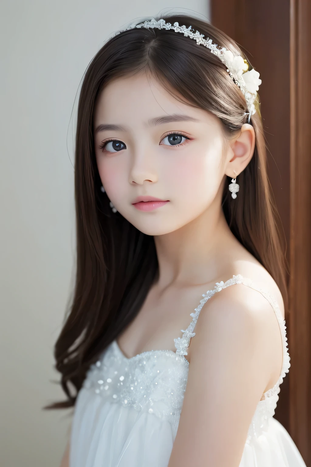 ((highest quality)), ((Photo quality)), (detailed), Perfect Face,White skin,11 years old,White dress,delicate,