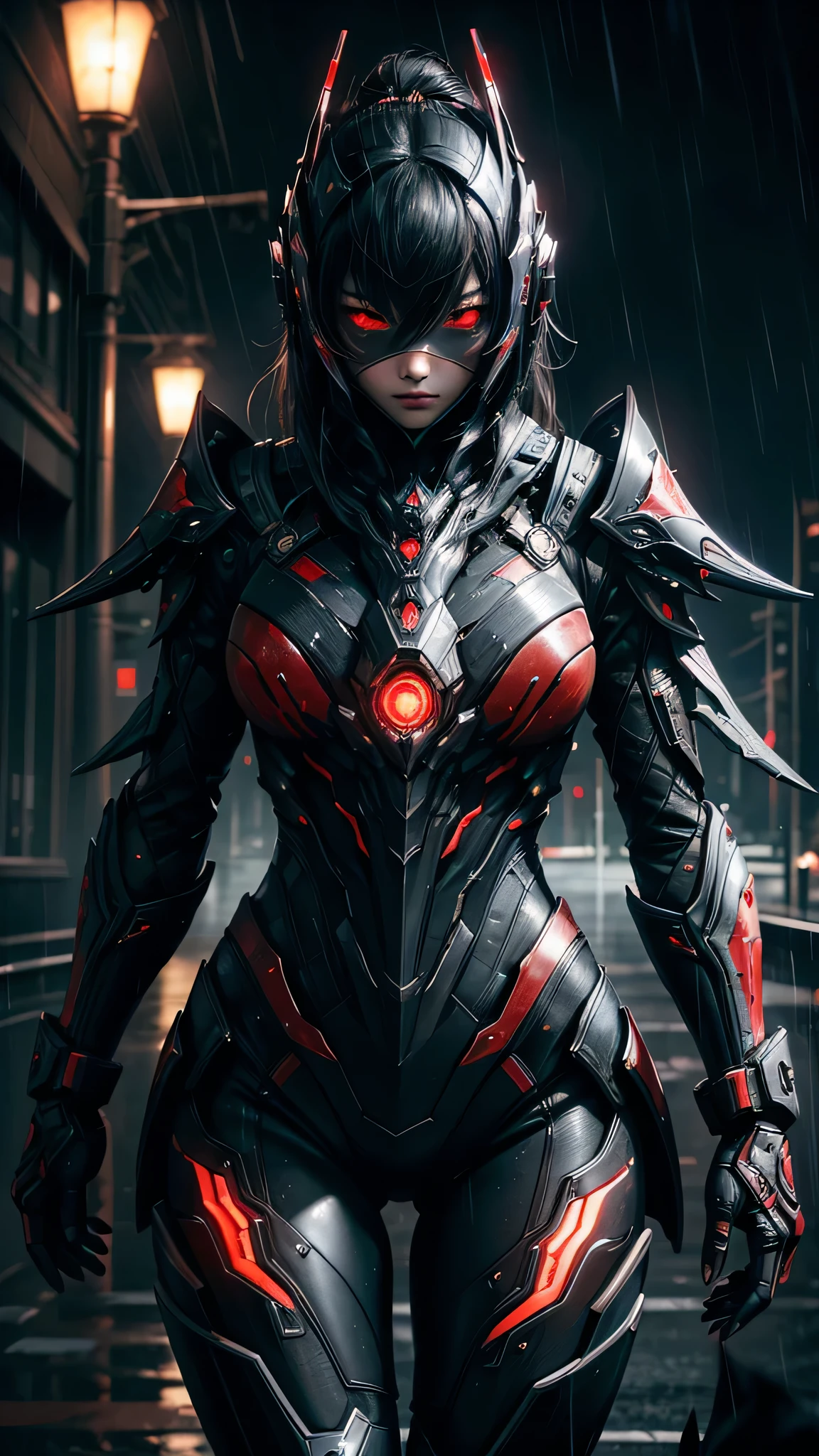 1 japanese girl, WARFRAME, intricate pattern, heavy metal, energy lines, faceless, glowing eyes, elegant, intense, blood red and black uniform, solo, modern, city, streets, dark clouds, thunderstorm, heavy rain,, dramatic lighting,, (masterpiece:1.2), best quality, high resolution, beautiful detailed, extremely detailed, perfect lighting,