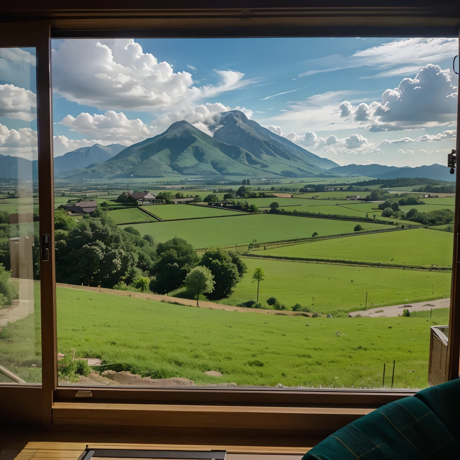 landscape, view from the window, anime style, countryside, with mountains and clouds in the background.  