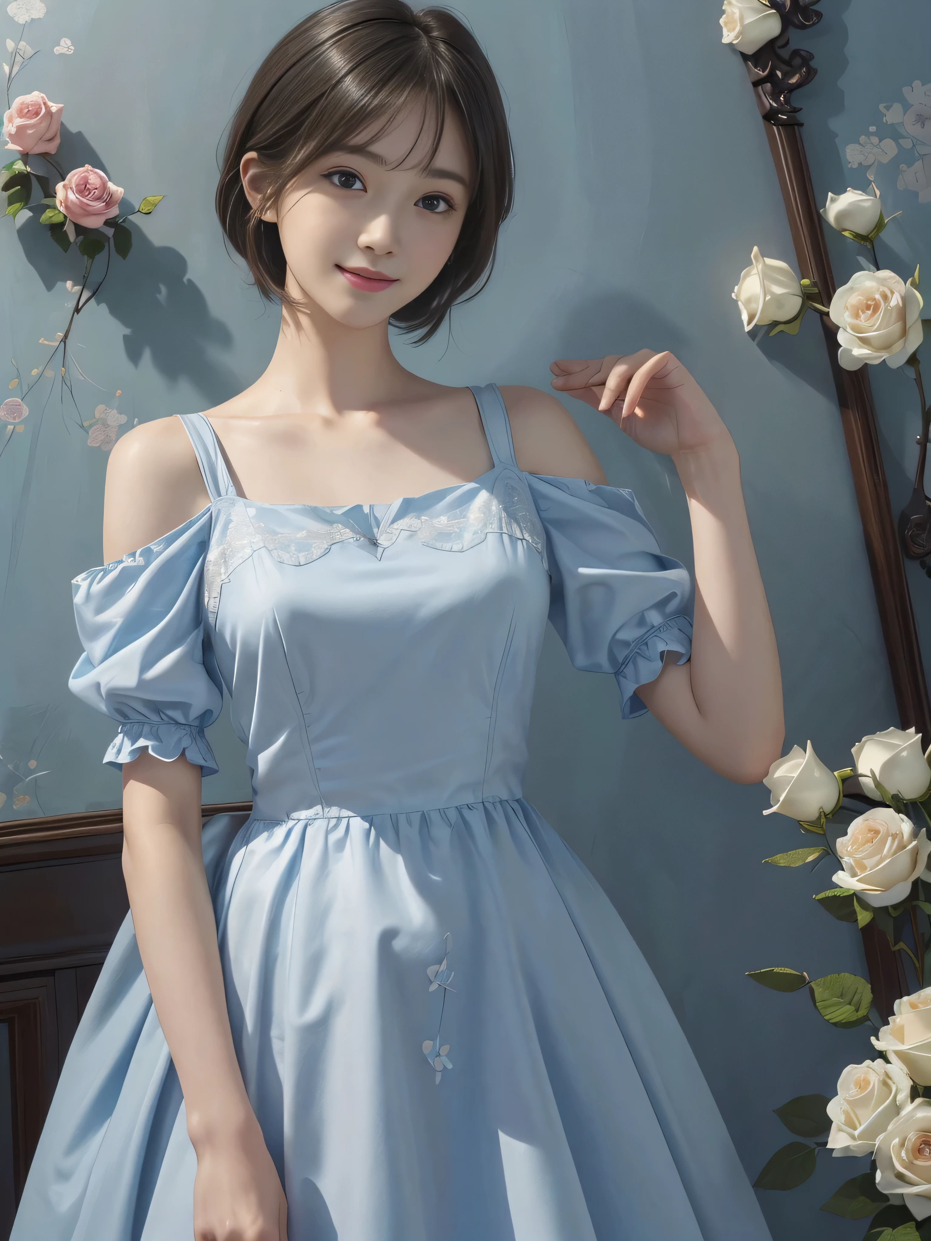 (ultra-realistic realism)、(illustratio)、(A high resolution)、(8K)、(The is very detailed)、(Best Illustration)、(Beautifully detailed eyes)、(top-quality)、(ultra - detailed)、(tmasterpiece)、(the wallpaper)、(A detailed face)、solo、1 The girl is looking at the audience、finedetail、A detailed face、in the darkness nigth、deep shading、low tune、pureerosfaceace_V1、A smile、short detailed hair、Light blue shirt、Rose wall、46-point diagonal bangs, (silk dress、long skirt)(cropped shoulders)