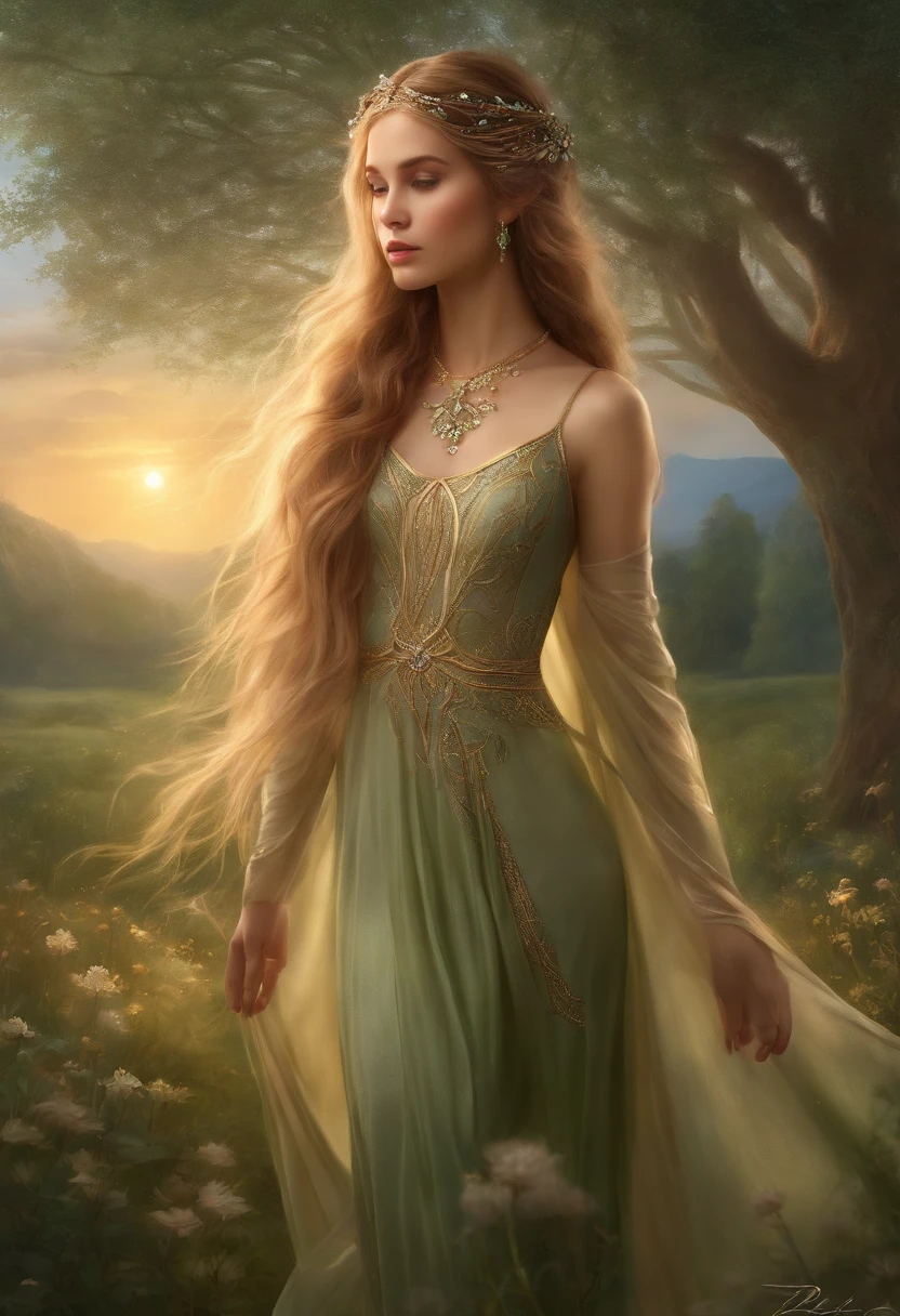 Graceful elven girl standing in the meadow, A delicate face illuminated by the soft light of the setting sun. Her long, Flowing hair flows down the back, Decorated with intricate braids、Adorned with sparkling gemstones. This stunning painting is、It captures the ethereal beauty of elves. Her slender figure in a silk dress、Swaying in the soft meadow breeze. Attention to detail、It is evident in the intricate patterns of the dress and the subtle highlights of the luminescence. skin. The breathtaking portrayal of the elven girl is、Create an enchanting atmosphere、It invites the viewer to a magical world.
