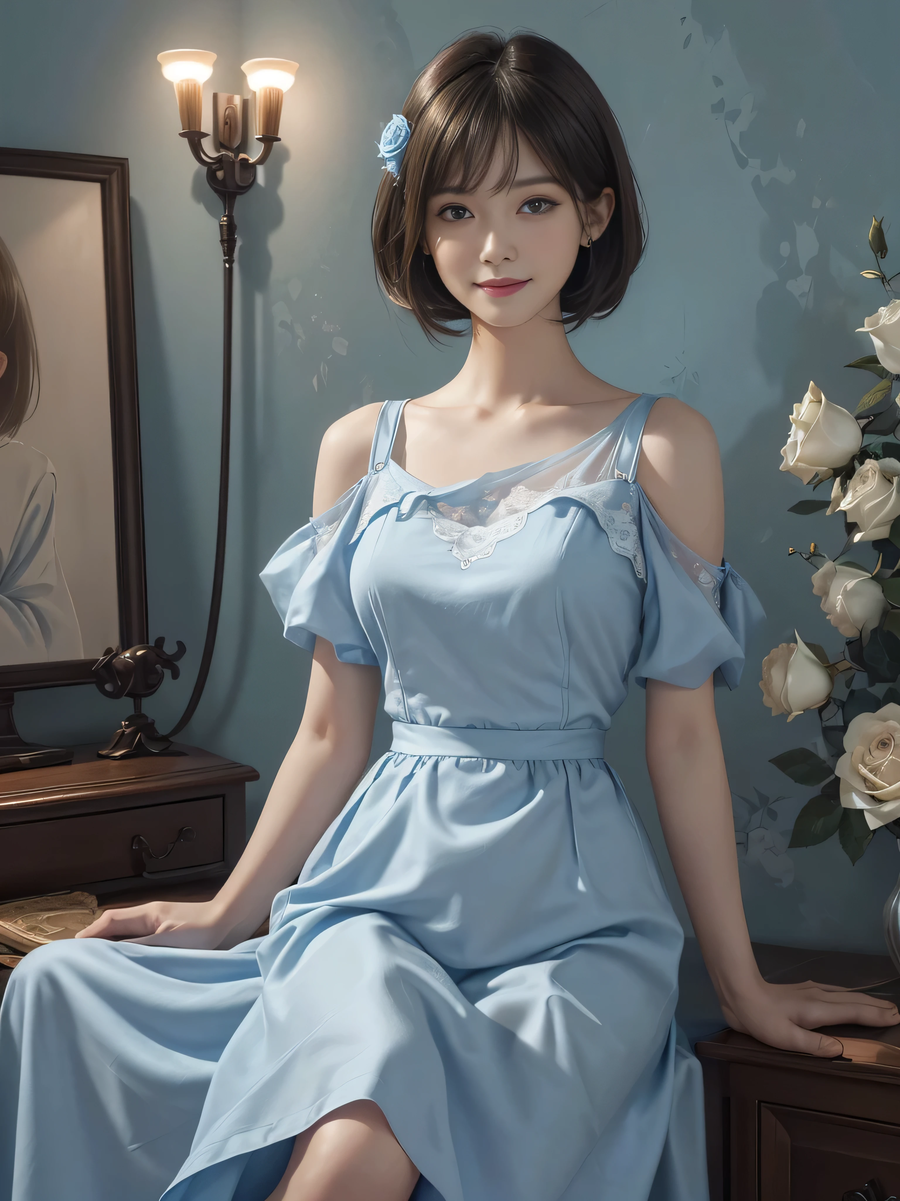 (ultra-realistic realism)、(illustratio)、(A high resolution)、(8K)、(The is very detailed)、(Best Illustration)、(Beautifully detailed eyes)、(top-quality)、(ultra - detailed)、(tmasterpiece)、(the wallpaper）、（A detailed face）、solo、1 The girl is looking at the audience、finedetail、A detailed face、in the darkness nigth、deep shading、low tune、pureerosfaceace_V1、A smile、short detailed hair、Light blue shirt、Rose wall、46-point diagonal bangs,　（silk dress、long  skirt）(cropped shoulders）