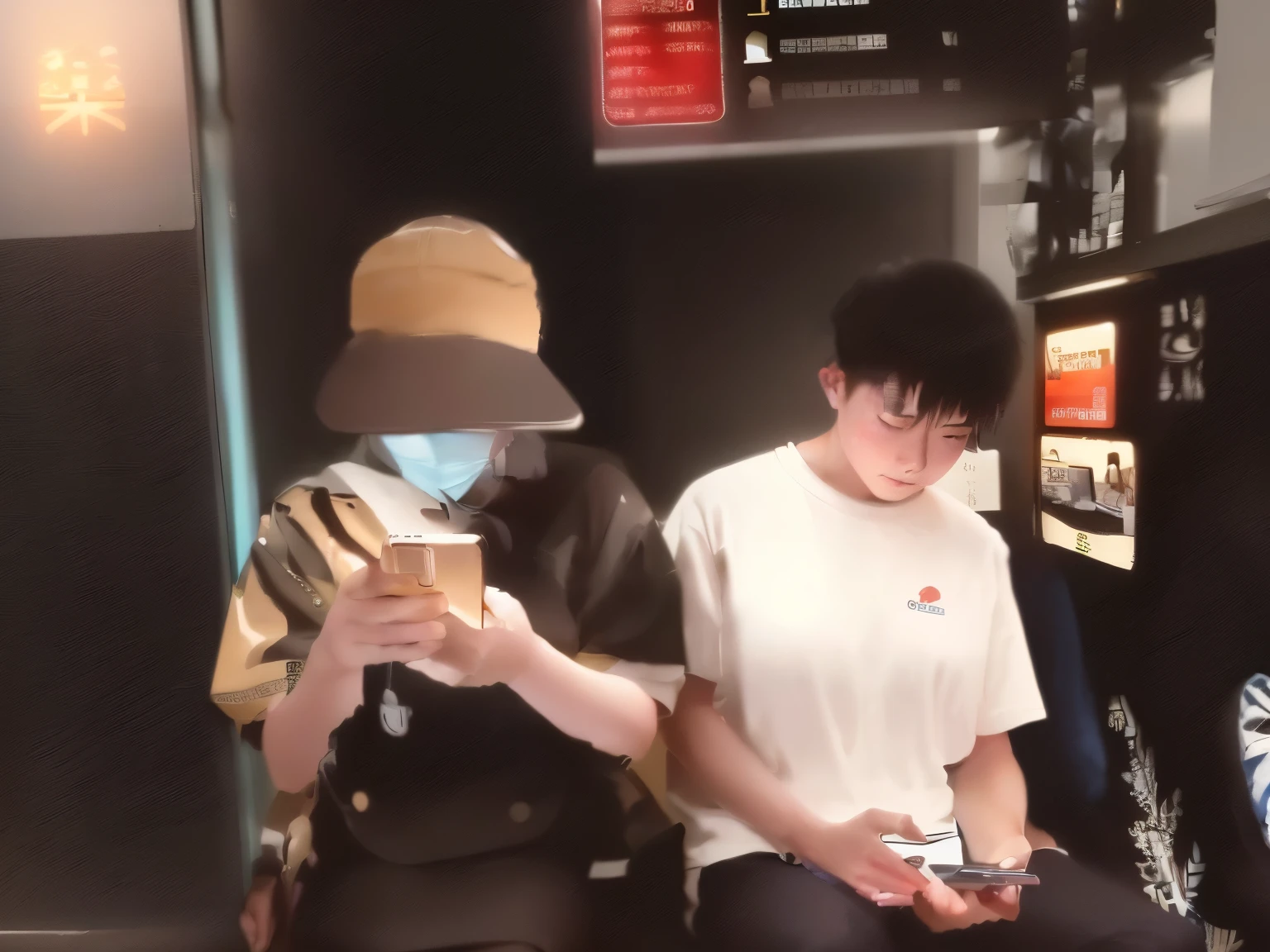 They sit on the bench and look at their phones., In the subway, Looking at his phone, Chongqing Express Color Palette, Focus on two, Matrix Failure, they are very serious, Hot ,, Taken in 2022, Photo taken in 2 0 2 0, 😭🤮 💔, 2 people, Looks absent-minded、Awkward