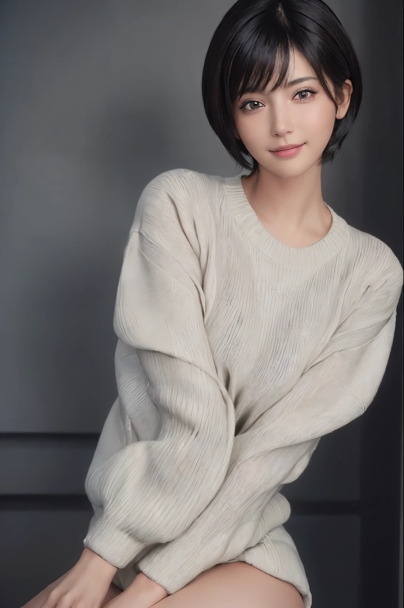 (masterpiece:1.3), (8k, Realistic, RAW Photos, highest quality: 1.4), (One girl), Beautiful Face, (Realistic Face), (Black Hair, short hair:1.3), Beautiful hairstyle, Realistic eyes, Beautiful fine details, (Realistic Skin), Beautiful Skin, (sweater), Absurd, Charm, Ultra-high resolution, Ultra-realistic, Very detailed, Golden ratio smile