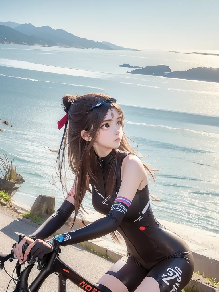 (((masterpiece))), (((best quality))), (((Ride a road bike))), downhill, steep slope, eye mask, earphone, Cycling shorts, wind, Speed line effect, alone, 1 girl, ribbon, long hair, Split, big , Shy. blush,