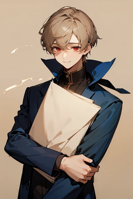 Beautiful boy、male、Calmness、A face that feels young、Adult atmosphere、shirt、Navy blue coat、rough、smile、Beige hair、Short Hair、Long side hair、Red Eyes、philosophical、quiet、writer、dim、Faintly eerie、Lonely