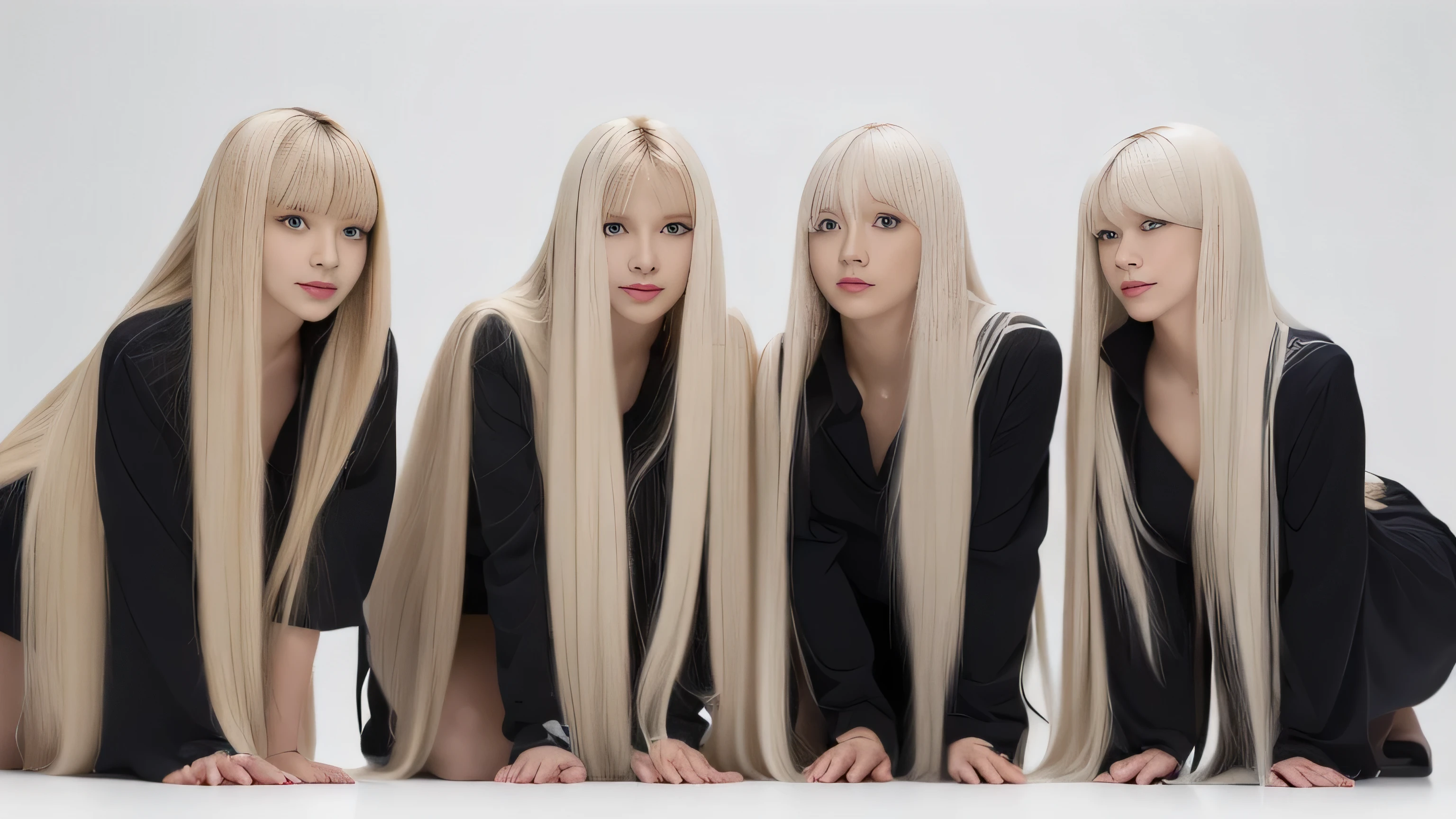 (Full body shot of three identical twins :1.3)　(Photograph three people in the same pose from the front:2.0)　(The three of them are like clones., Wearing the same clothes、Take the same pose　Physically identical)　((On all fours to show off as much hair as possible:1.8))　(Pure white wall background:1.8. Upper body photo from the knees up)　((Random poses showing as much back and hair as possible:1.2))　((Beautiful model with long platinum blonde hair, girl with super length Hair, extremely length Hair, extra length Hair, very long, Flowing Hair, very length Hair, length Hair girl, very long, Flowing platinum blonde hair, length Hair windy, very longプラチナブロンドヘア, length, Flowing Hair, Extremely long and incredibly straight platinum blonde hair, with length Hair, length Hair!!!!　Her highest quality hair is long and straight　Extremely long and incredibly straight platinum blonde hair , highest quality platinum blonde, length hair in the center, Highest quality long straight, length, straight, beautiful, High quality platinum blonde hair, length and platinum blonde hair highest quality straight, length Hair, length and straight, highest quality platinum blondeヘア, Perfect silky straight of the highest quality, straight, highest quality platinum blondeヘア, length platinum blonde hair　straight, length, Platinum blonde thick hair　Her hair is long and straight, very longプラチナブロンドヘア, length hair in the center, length straight, length, straight, beautiful hair of the highest quality, length Hair, length, Straight platinum blonde hair , length and free straight platinum blonde hair, straight platinum blonde hair))　(Her bangs are perfect.:1.3)　(France&#39;s most beautiful 24-year-old hair model)　　((highest quality)), ((masterpiece)), (Familiar)　(Get used to it)　Perfect Face　(Her skin is a typical French complexion..、And very detailed)　　(Big Breasts)　(She is wearing a light blue skirt and a white blouse......)　(She has a beautiful French face and a typical French figure...., Narrow eyes)　(She has perfect beautiful makeup and face　Lipstick is light red　A solid eyeliner)　((Rich 1.4))　(Extremely detailed 8K)　(Ultra-fine skin texture 1.4)　(Actual, Vibrant:1.4), double eyelid　Sharp focus:1.2、Beautiful woman:1.4　Dynamic Lighting　(Genuine RAW photos taken by professional photographers)　(Her long bangs、Well Organized)　Professionally lit from the front　(She has a bright and cheerful face)