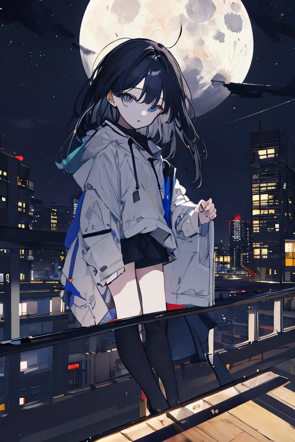 Black hair girl、Mine system、Night view、moon、building、