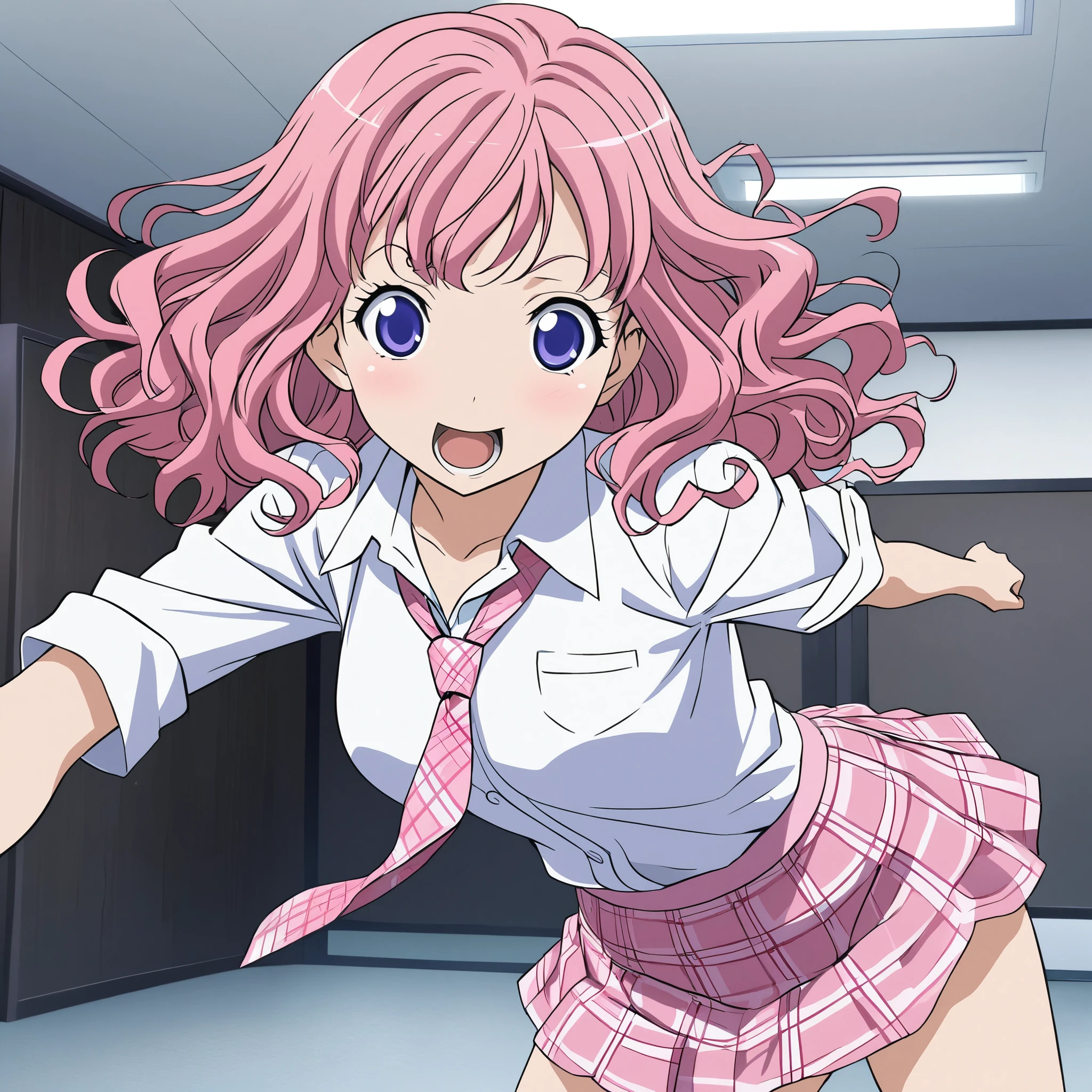 ((kofuku ebisu)), noragami, pink plaid skirt that has thin yellow lines on skirt, (white office shirt), (pink plaid tie), (short pink hair), dynamic pose, lifting skirt showing panties, anime ,score_9