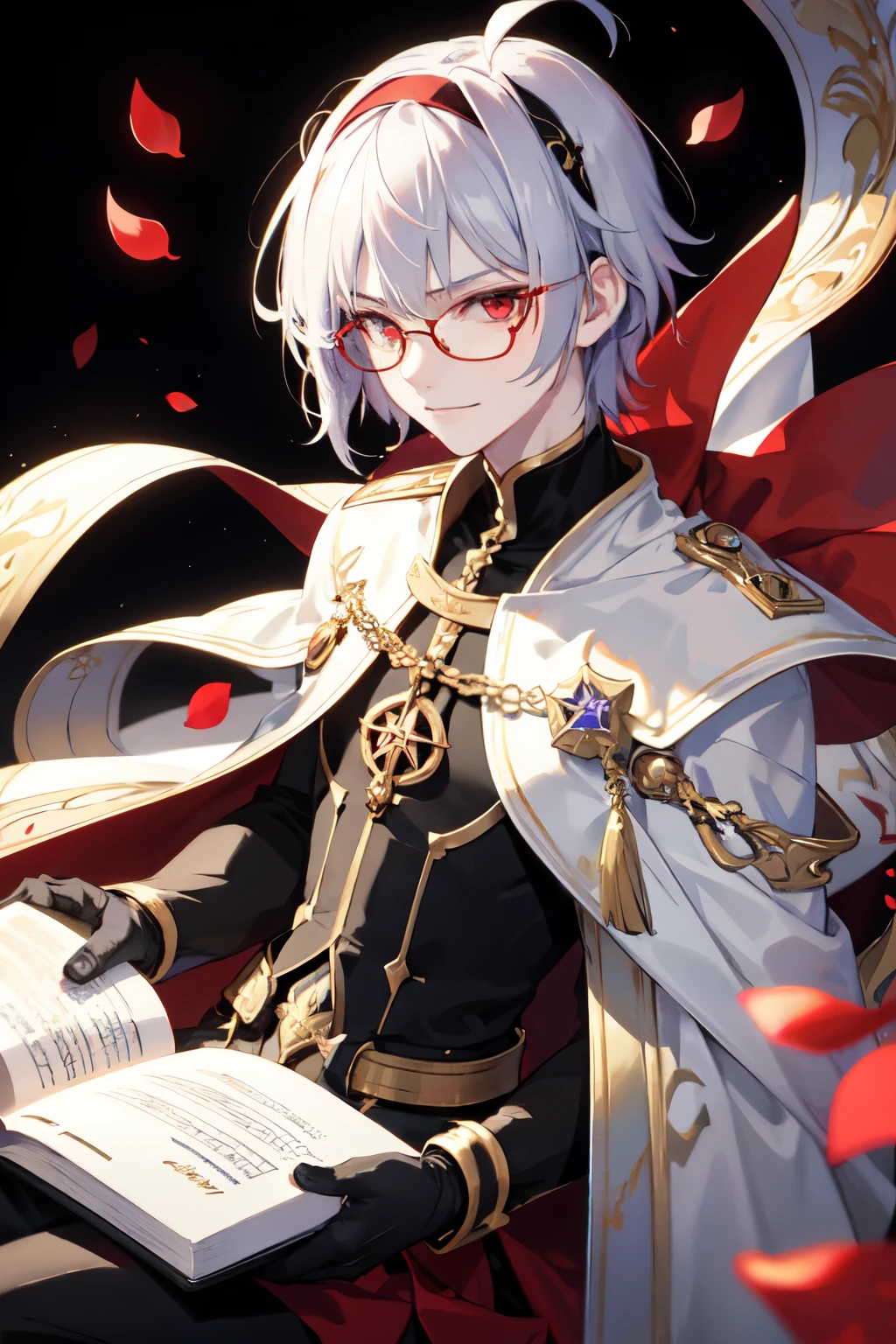 masterpiece,(bestquality),highlydetailed, (((1boy))), ((androgynous)), solo, ahoge, black hairband, ((pretty boy)), (detailed face:1.2), red glasses, short hair, unkempt hairstyle, ((pale violet hair color)), messy bangs, red eyes, tufts of hair, smirking, dark, ((fgo ascension art)), capelet, neck ribbon, magic symbols, elegant, glowing pentacle, floating red petals out of focus, dramatic, art nouveau background, pose, holding book