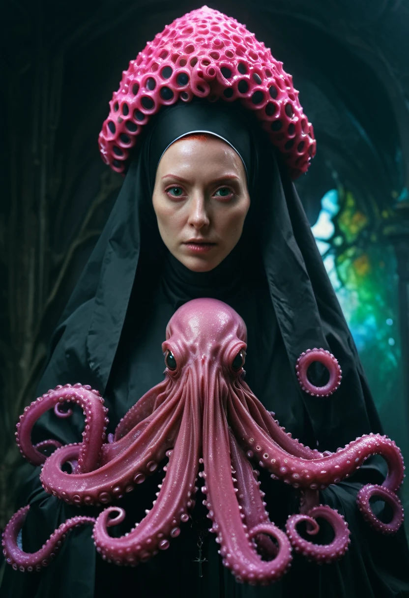 8K, ARTISTIC photogrAphy, best quAlity, mAsterpiece: 1.2), A (potrAit:1.2) witch BLOOD Cthulhu nun QUEEN, EYES, PINK many octopus style tentacles, full body RAW candid cinema, RED hair, 16mm, color graded portra 400 film, remarkable color, ultra realistic, sad admosphere, dark lighting, oppressive atmosphere, depressive colors, kodak portra 400, photograph,r, Natural Light, Pinhead lighgts, blur reflection, Brush Strokes, Smooth, abstract, Splatter, Oil On Canvas, rainbow colors, fractal isometrics details bioluminescens : a stunning realistic photograph of wet bone structure, 3d render, octane render, intricately detailed, titanium decorative headdress, cinematic, trending on artstation | Isometric | Centered