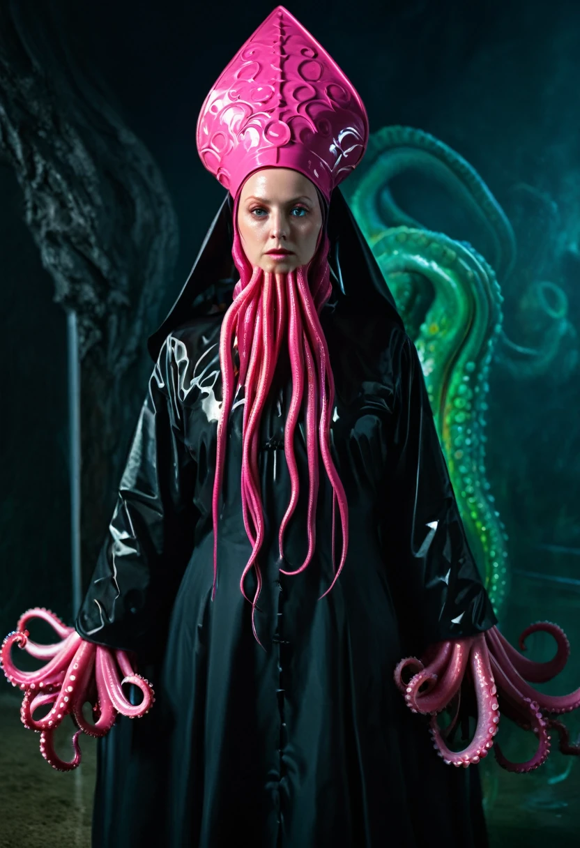 8K, ARTISTIC photogrAphy, best quAlity, mAsterpiece: 1.2), A (potrAit:1.2)  witch BLOOD   Cthulhu nun QUEEN, EYES, PINK many octopus style tentacles, full body RAW candid cinema, RED hair, 16mm, color graded portra 400 film, remarkable color, ultra realistic, sad admosphere, dark lighting, oppressive atmosphere, depressive colors, kodak portra 400, photograph,r, Natural Light, Pinhead lighgts, blur reflection, Brush Strokes, Smooth, abstract, Splatter, Oil On Canvas, rainbow colors, fractal isometrics details bioluminescens : a stunning realistic photograph of wet bone structure, 3d render, octane render, intricately detailed, titanium decorative headdress, cinematic, trending on artstation | Isometric | Centered