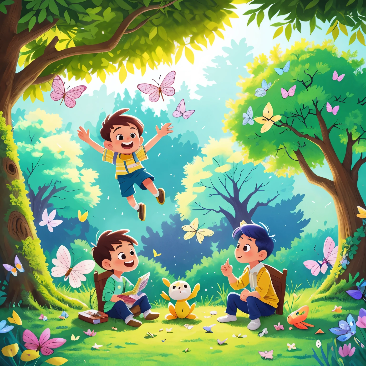 A whimsical scene of a childish event unfolds as a young boy sits under an ancient weeping willow tree, engulfed in a magical world brought to life by the pages of an open book. The book, filled with vibrant illustrations, floats gently in the air, emitting a captivating aura of enchantment. Surrounding the scene, ethereal, pastel-colored butterflies flutter about in a harmonious dance, adding to the dreamlike atmosphere. The boy, with a look of pure joy on his face, reaches out to touch the fantastical creatures, leaving behind a trail of sparkling stardust. The background is adorned with a pictures