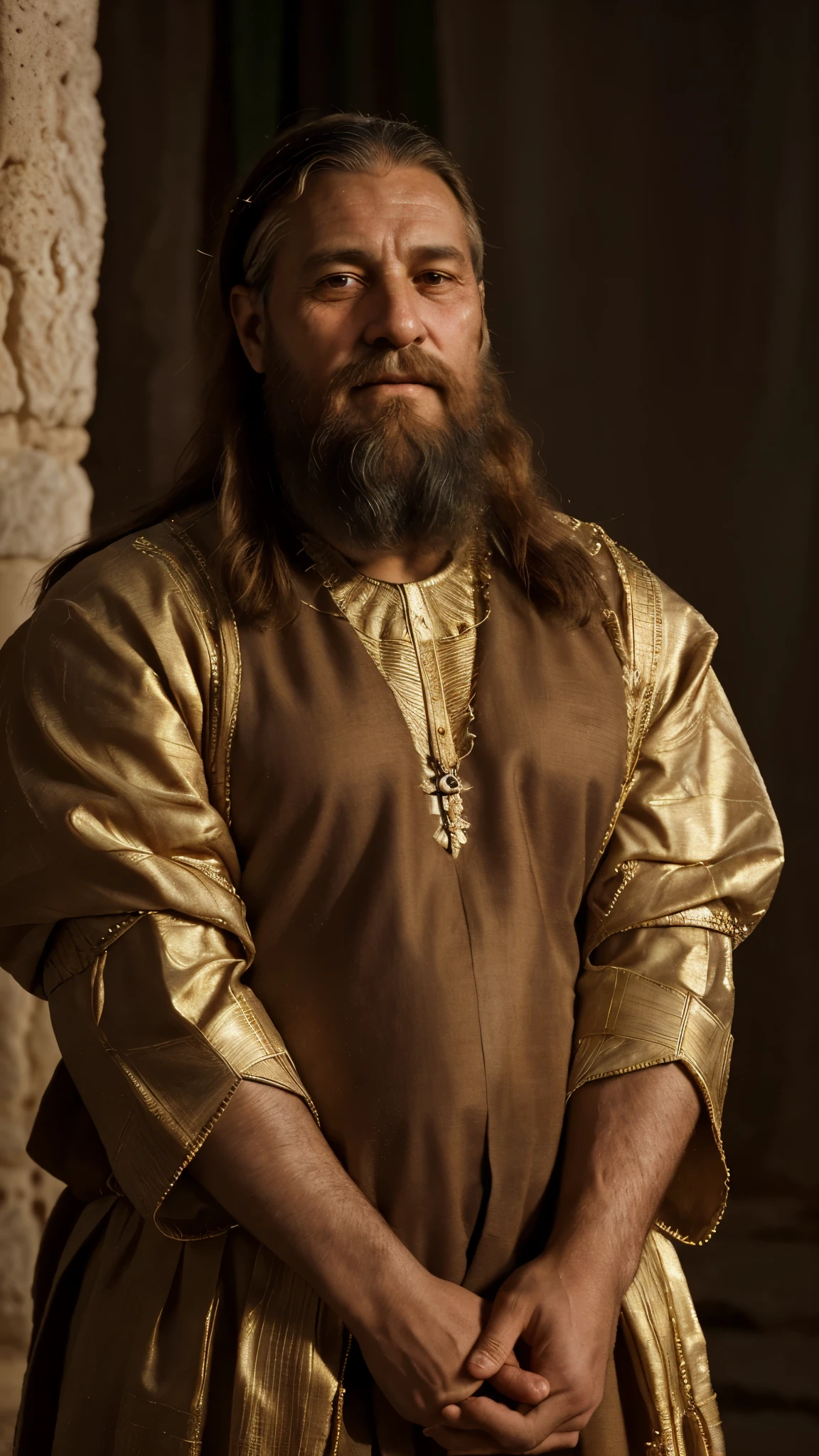 King Solomon. man 45-50 years old. ultra realistic portrait image. good lighting. In the clothes of ancient Israel. Expensive outfit. bearded, kind look. A slight smile on his face. High detail.